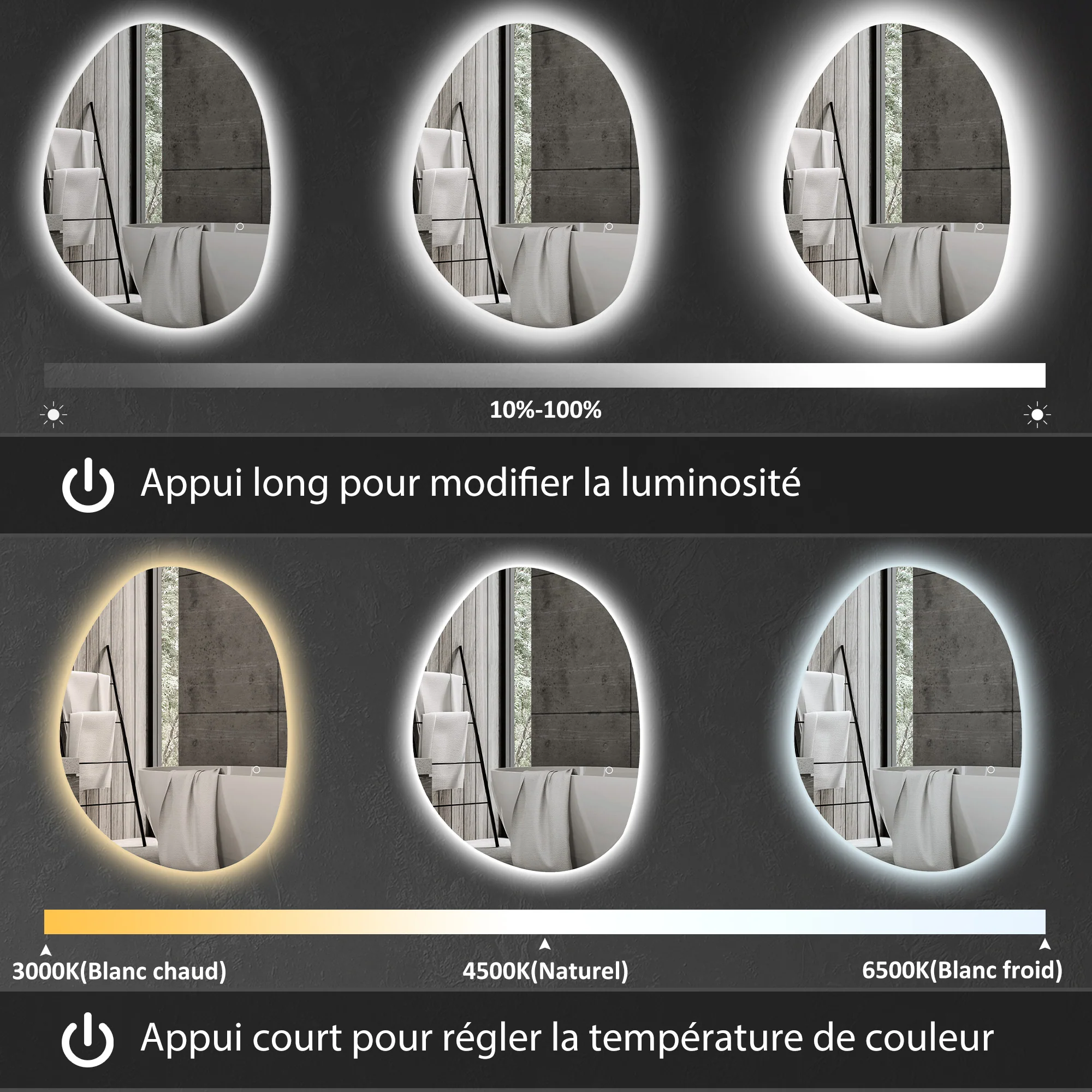 Miroir salle de bain 70 x 50 cm, miroir mural asymétrique, miroir salle de bain avec éclairage LED - interrupteur tactile, lumière réglable 3 couleurs, anti-buée, mémoire - argent - Image 5