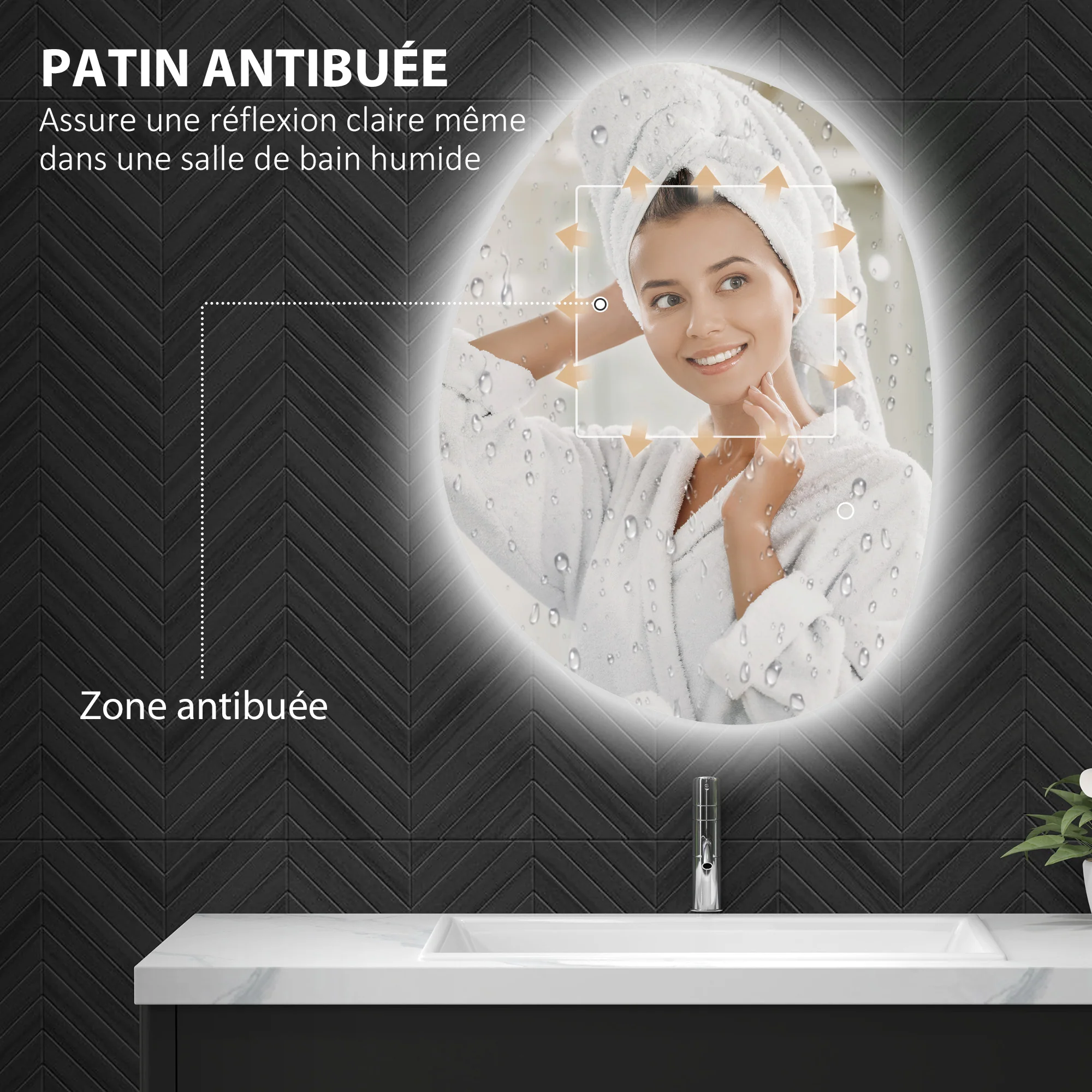 Miroir salle de bain 70 x 50 cm, miroir mural asymétrique, miroir salle de bain avec éclairage LED - interrupteur tactile, lumière réglable 3 couleurs, anti-buée, mémoire - argent - Image 6