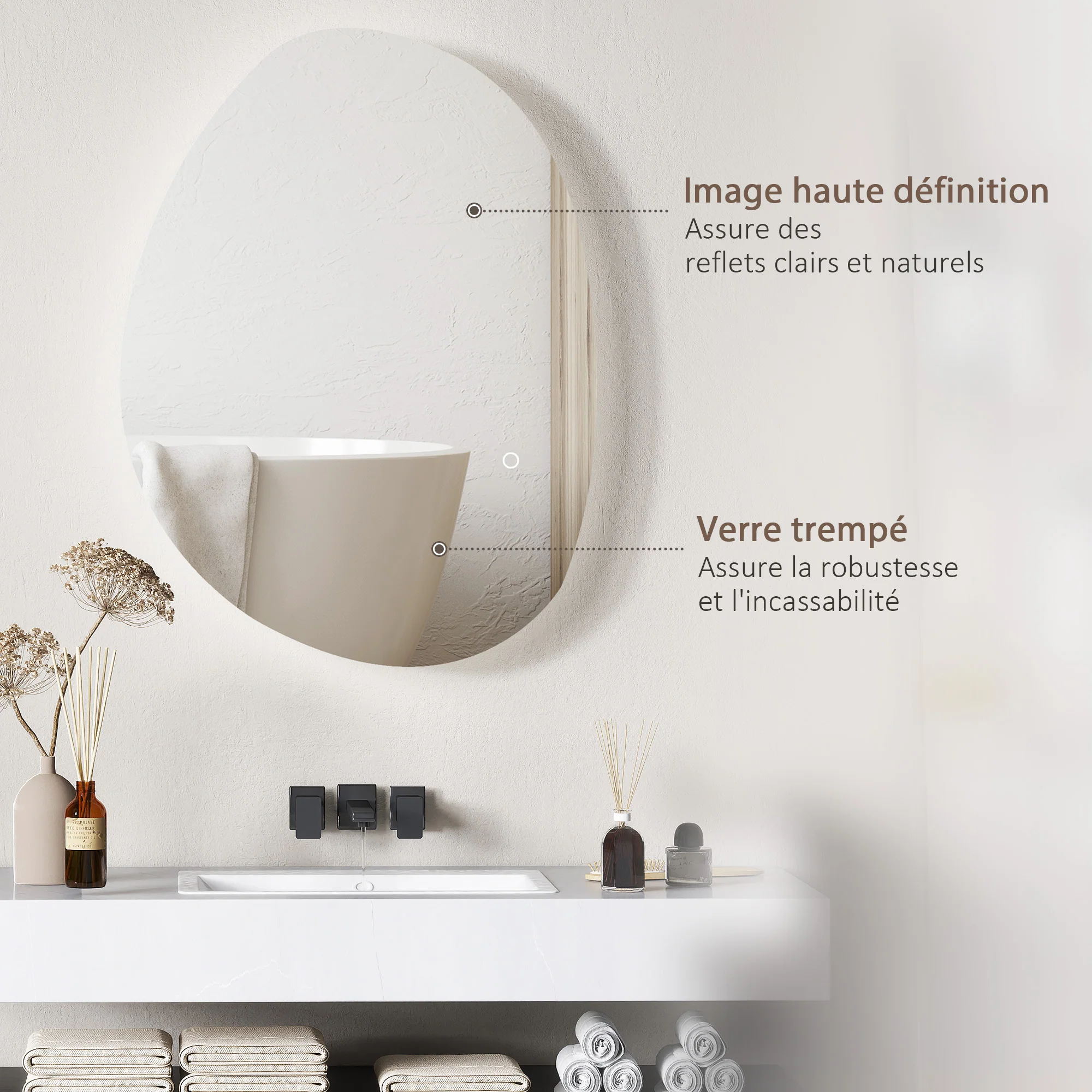 Miroir salle de bain 70 x 50 cm, miroir mural asymétrique, miroir salle de bain avec éclairage LED - interrupteur tactile, lumière réglable 3 couleurs, anti-buée, mémoire - argent - Image 7