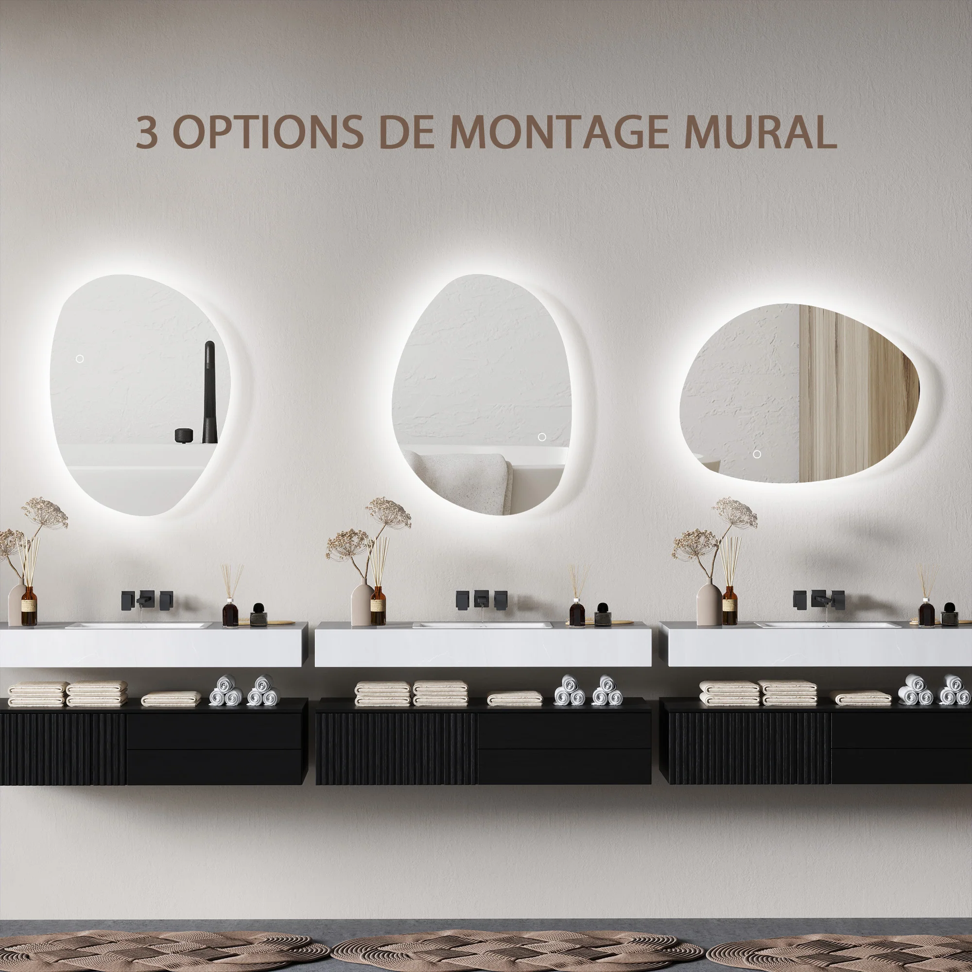 Miroir salle de bain 70 x 50 cm, miroir mural asymétrique, miroir salle de bain avec éclairage LED - interrupteur tactile, lumière réglable 3 couleurs, anti-buée, mémoire - argent - Image 8