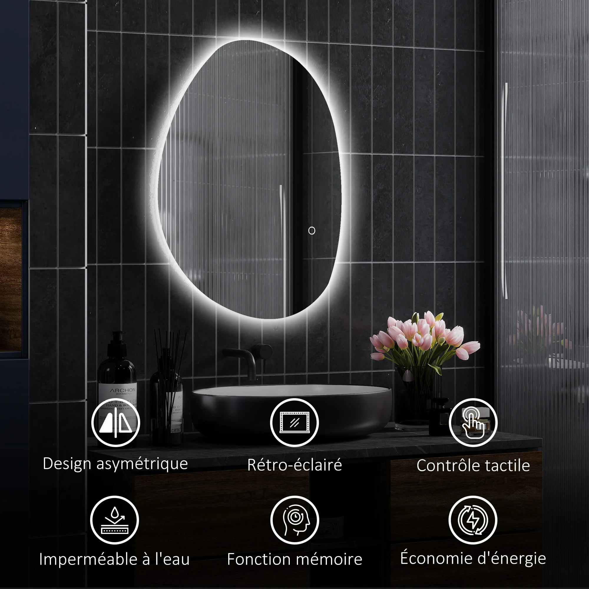 Miroir salle de bain 70 x 50 cm, miroir mural asymétrique, miroir salle de bain avec éclairage LED - interrupteur tactile, lumière réglable 3 couleurs, anti-buée, mémoire - argent - Image 9