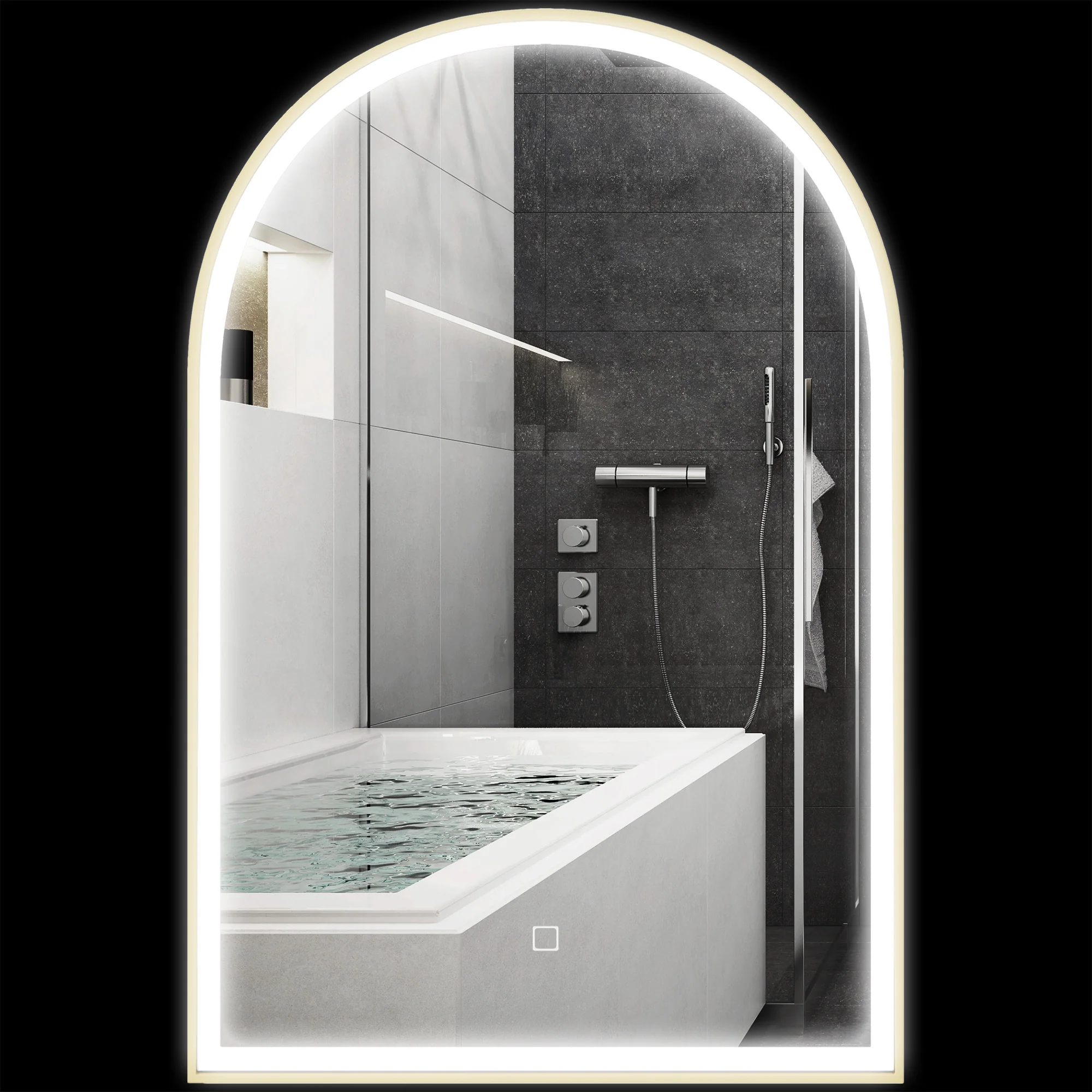 Miroir salle de bain 90 x 60 cm, miroir mural arqué, miroir salle de bain avec éclairage LED, lumière réglable 3 couleurs, anti-buée, mémoire, interrupteur tactile, cadre en aluminium - doré - Image 11
