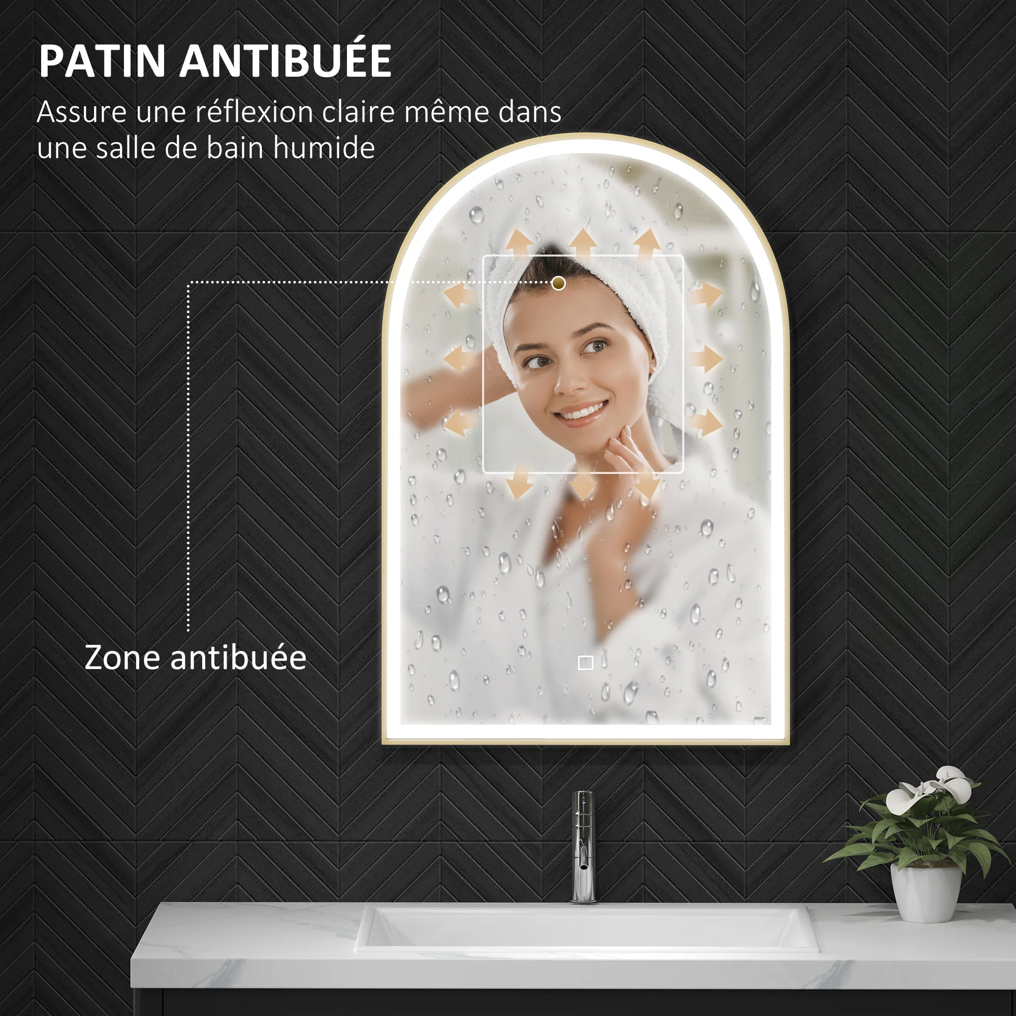 Miroir salle de bain 90 x 60 cm, miroir mural arqué, miroir salle de bain avec éclairage LED, lumière réglable 3 couleurs, anti-buée, mémoire, interrupteur tactile, cadre en aluminium - doré - Image 6