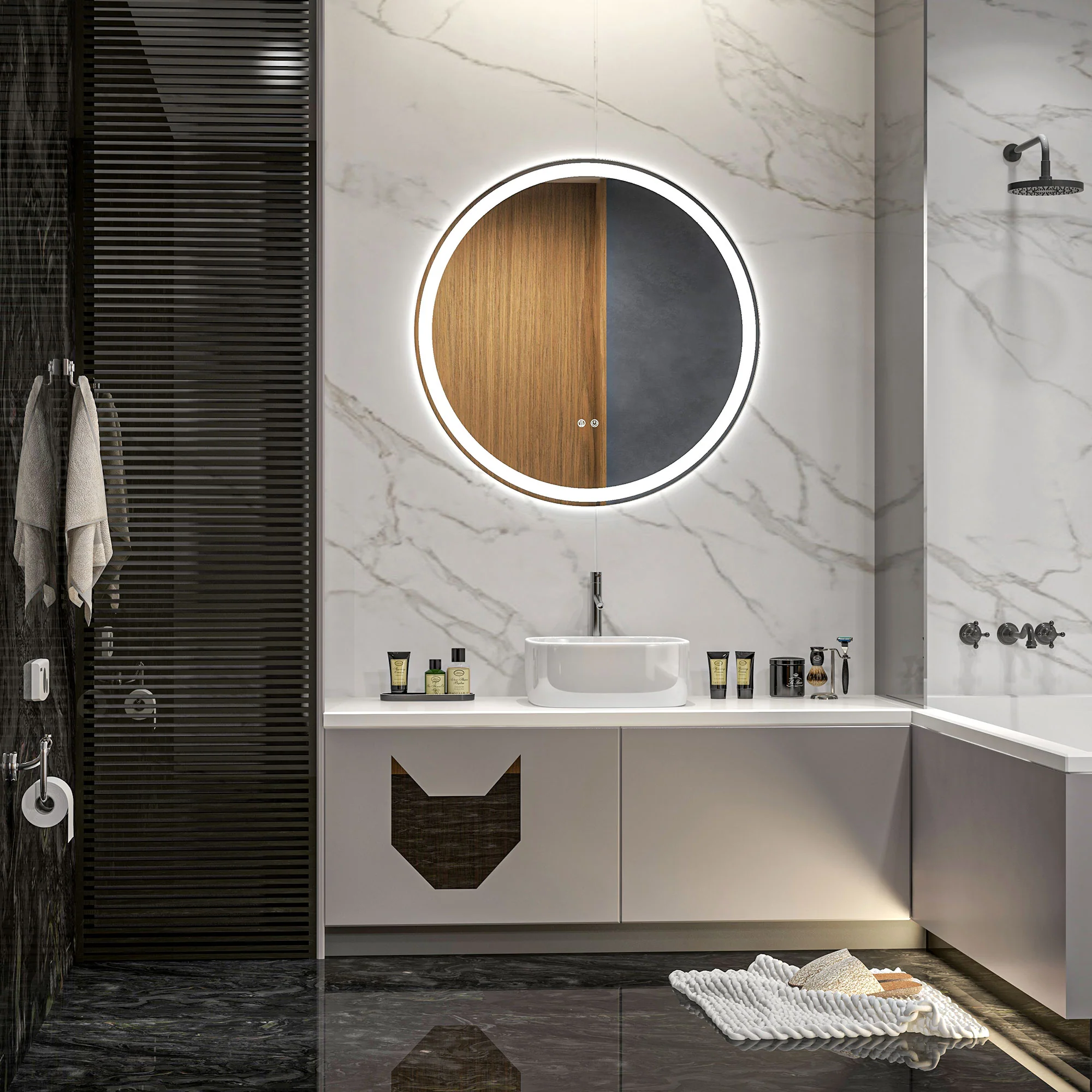 Miroir salle de bain avec éclairage Ø 70 cm miroir rond lumineux 3 couleurs interrupteur tactile système antibuée 23W blanc argent - Image 3