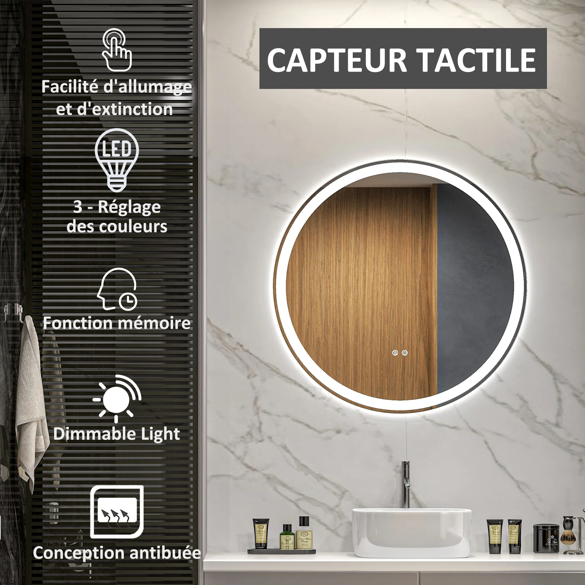 Miroir salle de bain avec éclairage Ø 70 cm miroir rond lumineux 3 couleurs interrupteur tactile système antibuée 23W blanc argent - Image 5