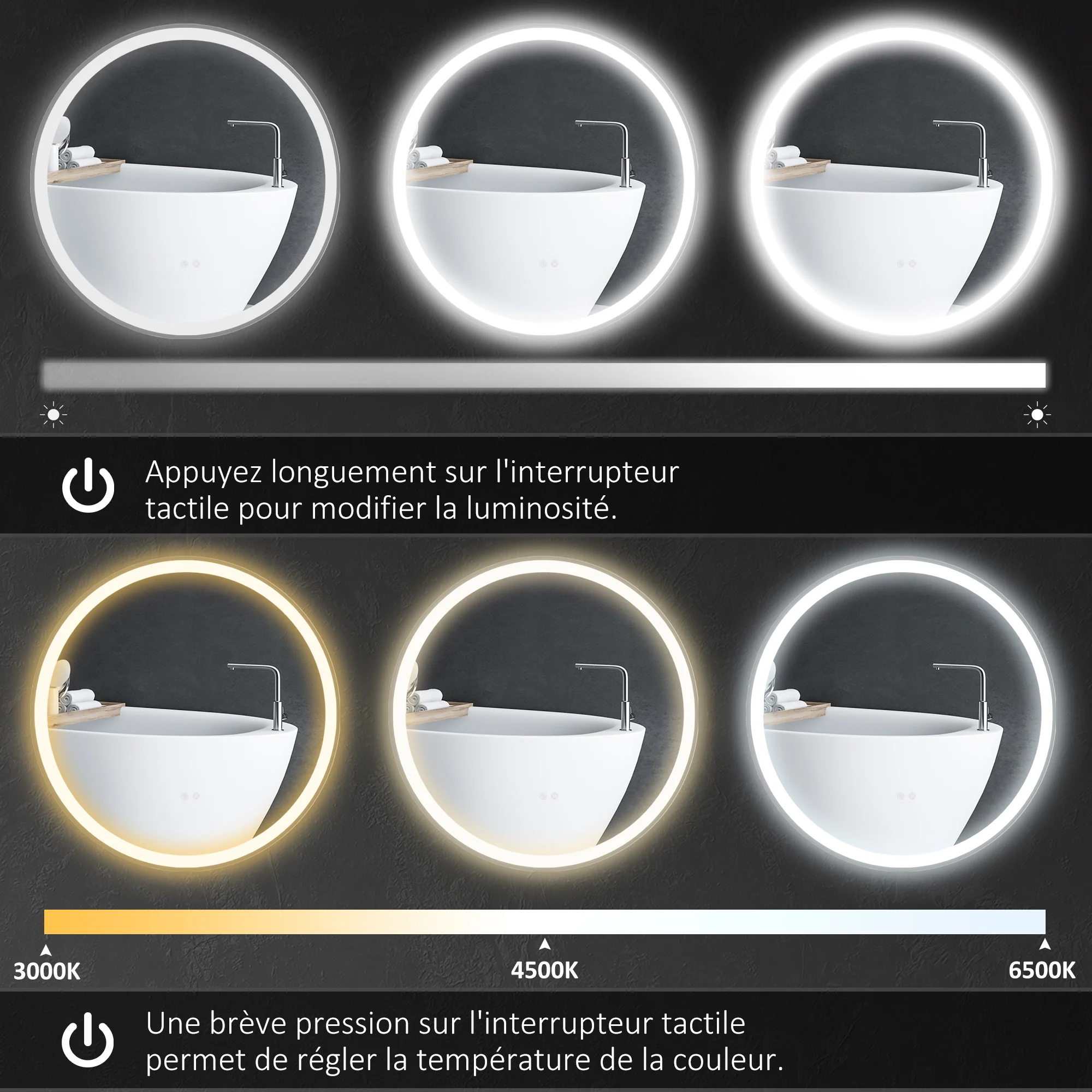 Miroir salle de bain avec éclairage Ø 70 cm miroir rond lumineux 3 couleurs interrupteur tactile système antibuée 23W blanc argent - Image 6