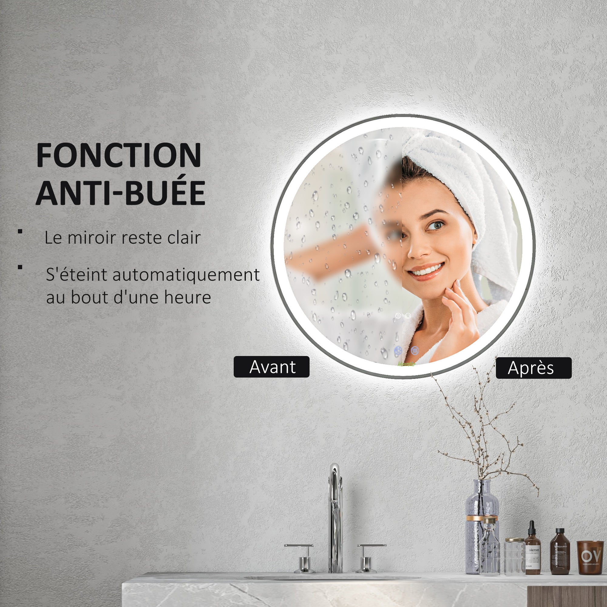 Miroir salle de bain avec éclairage Ø 70 cm miroir rond lumineux 3 couleurs interrupteur tactile système antibuée 23W blanc argent - Image 7