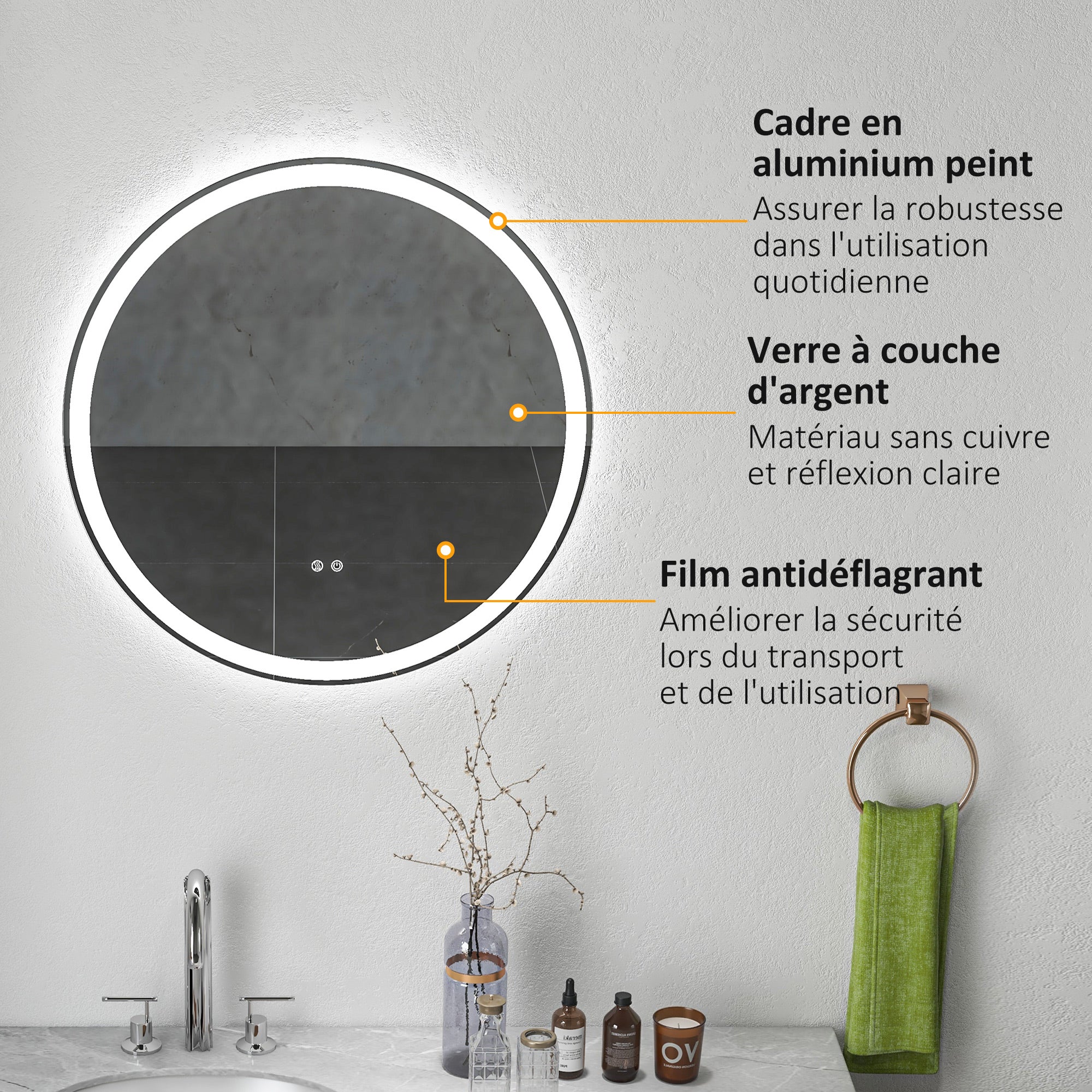 Miroir salle de bain avec éclairage Ø 70 cm miroir rond lumineux 3 couleurs interrupteur tactile système antibuée 23W blanc argent - Image 8