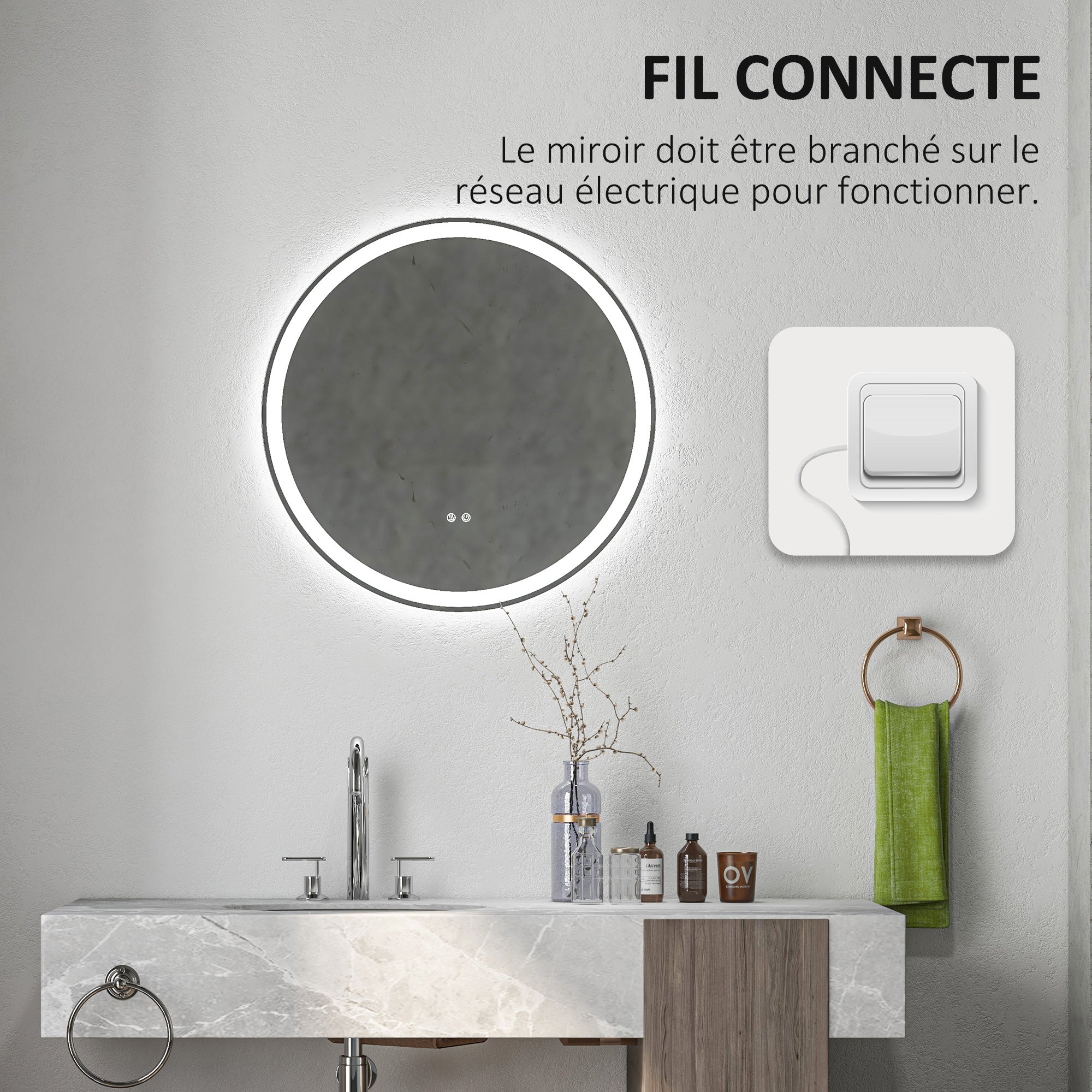 Miroir salle de bain avec éclairage Ø 70 cm miroir rond lumineux 3 couleurs interrupteur tactile système antibuée 23W blanc argent - Image 9