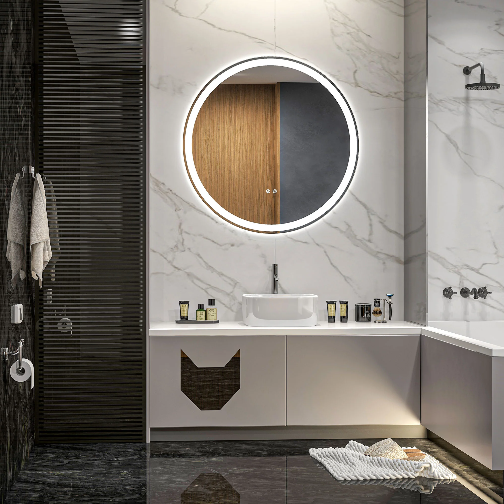 Miroir salle de bain avec éclairage ? 80 cm miroir rond lumineux 3 couleurs interrupteur tactile système antibuée 46W blanc argent - Image 3