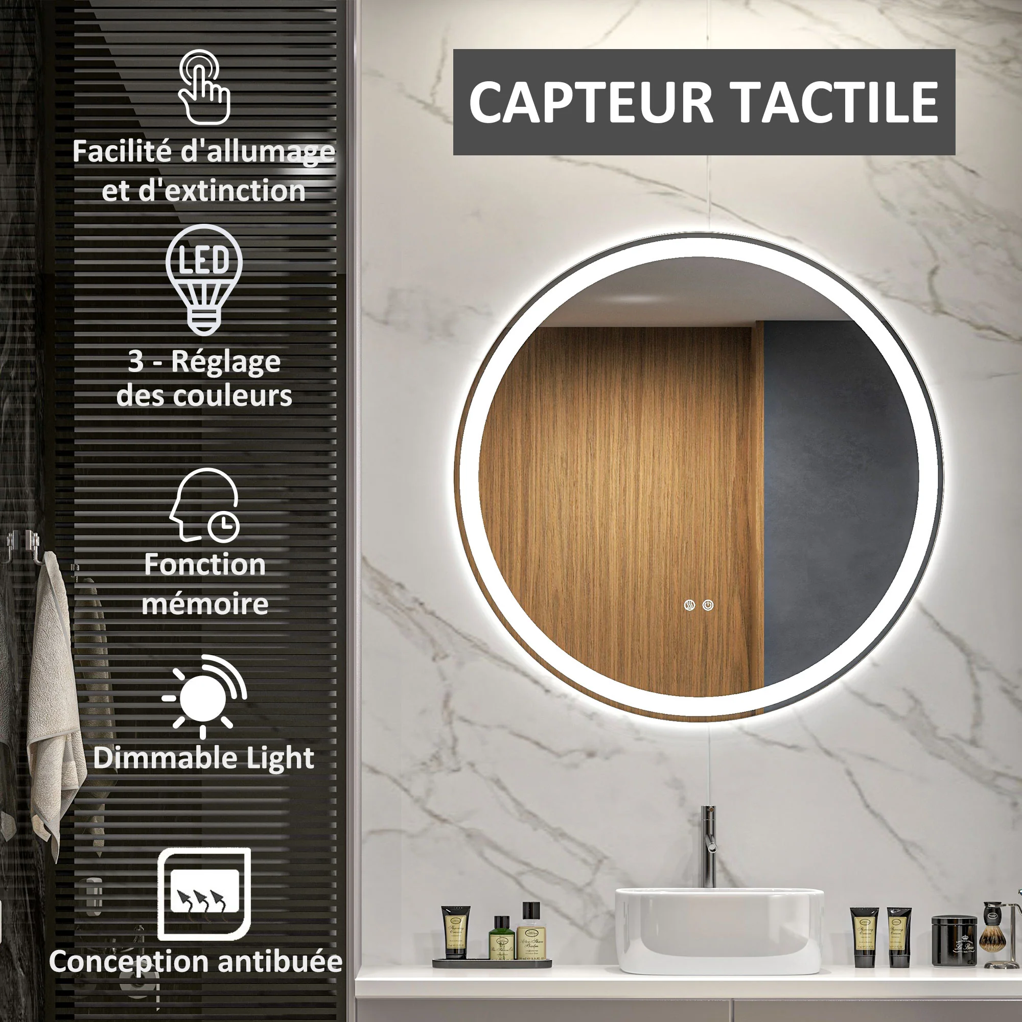 Miroir salle de bain avec éclairage ? 80 cm miroir rond lumineux 3 couleurs interrupteur tactile système antibuée 46W blanc argent - Image 5