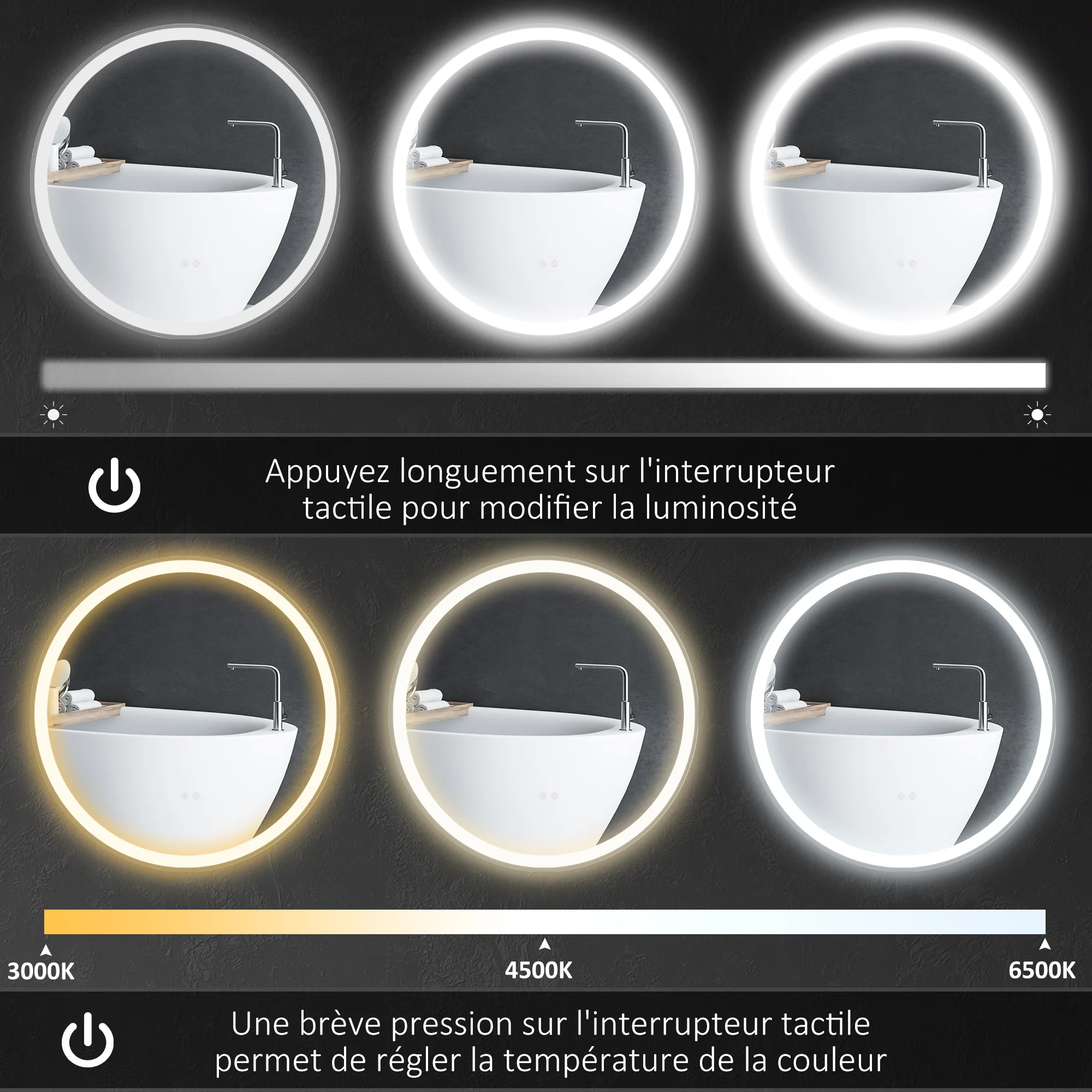 Miroir salle de bain avec éclairage ? 80 cm miroir rond lumineux 3 couleurs interrupteur tactile système antibuée 46W blanc argent - Image 6