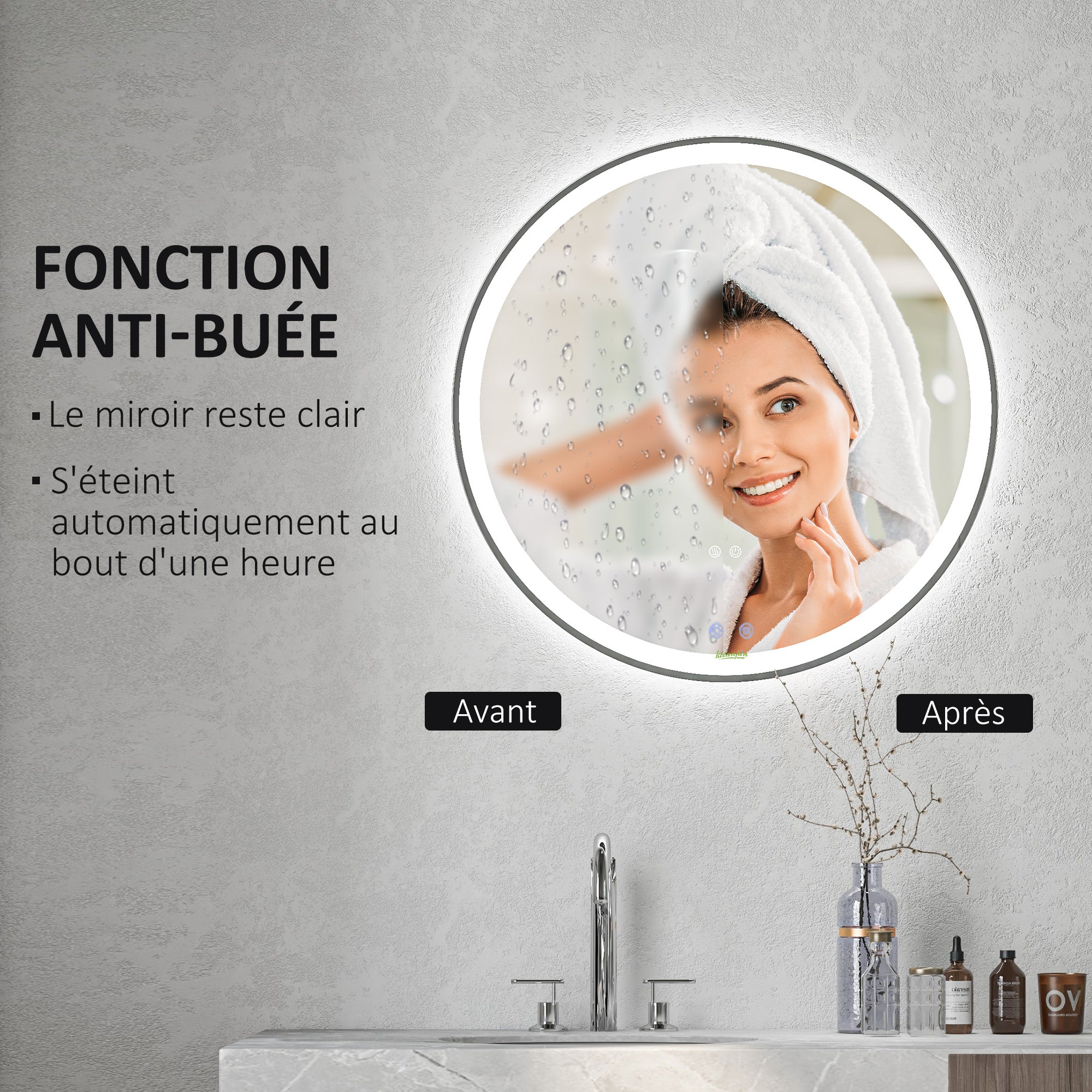 Miroir salle de bain avec éclairage ? 80 cm miroir rond lumineux 3 couleurs interrupteur tactile système antibuée 46W blanc argent - Image 7