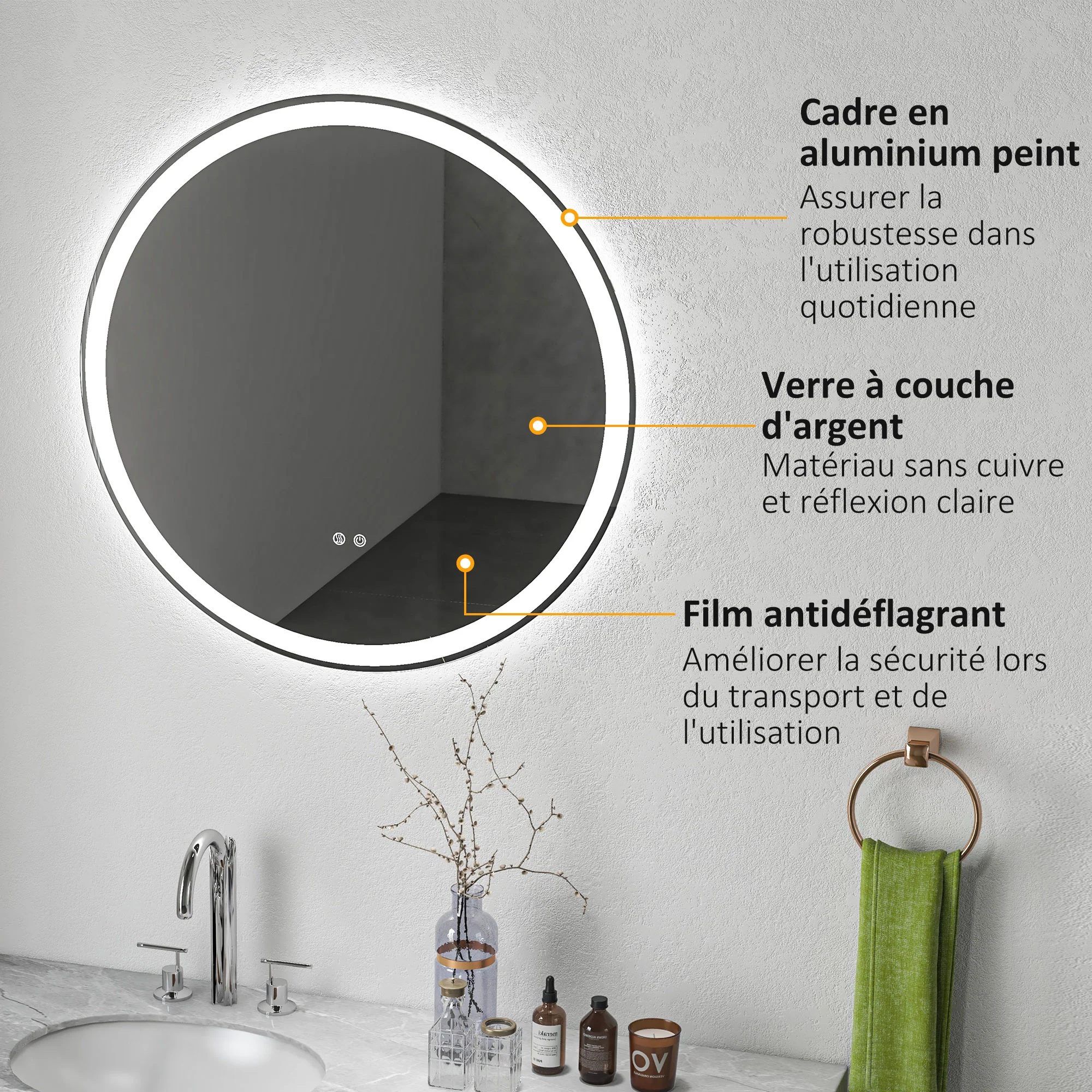 Miroir salle de bain avec éclairage ? 80 cm miroir rond lumineux 3 couleurs interrupteur tactile système antibuée 46W blanc argent - Image 8