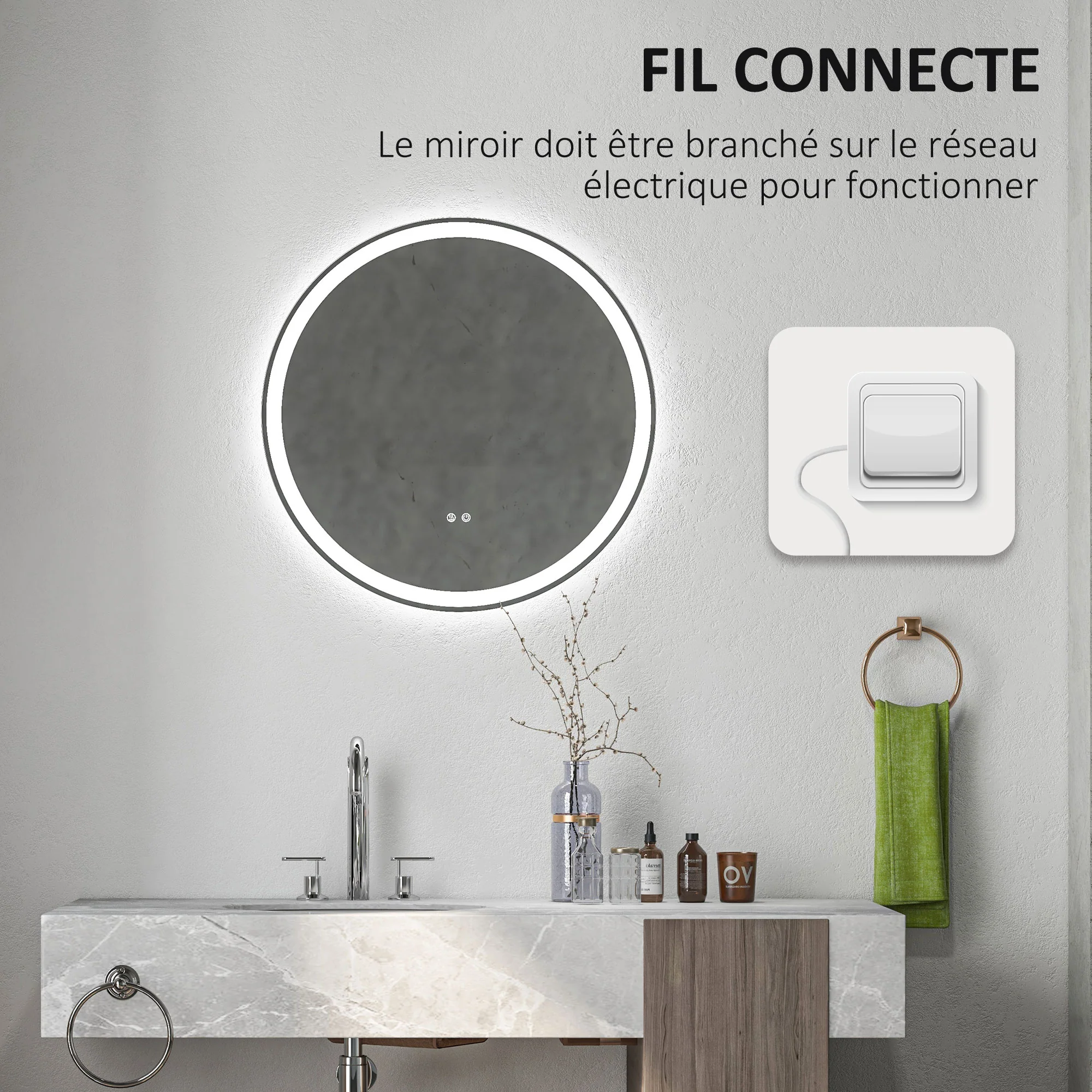 Miroir salle de bain avec éclairage ? 80 cm miroir rond lumineux 3 couleurs interrupteur tactile système antibuée 46W blanc argent - Image 9