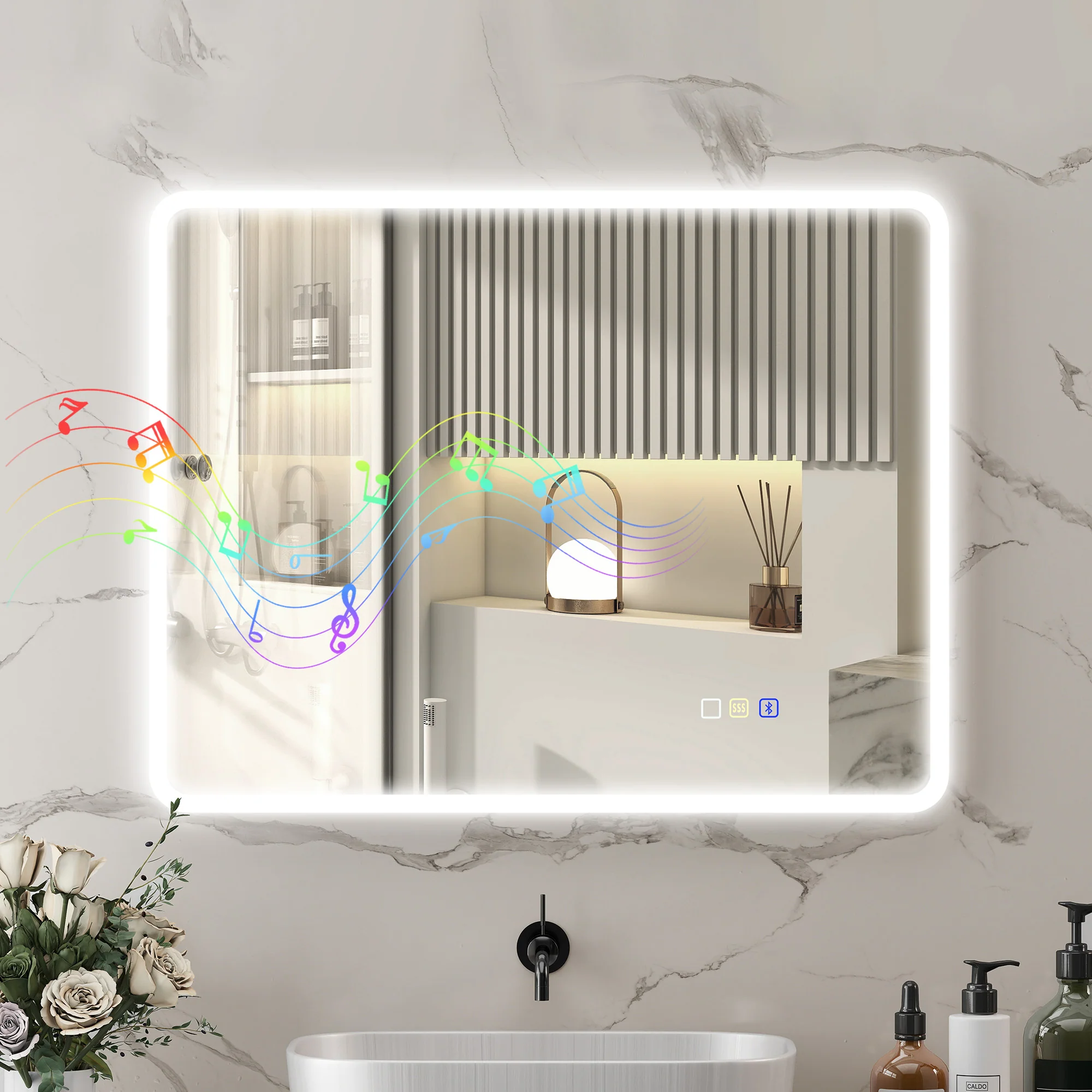 Miroir salle de bain bluetooth 70 x 90 cm, miroir lumineux salle de bain mural avec éclairage LED, interrupteur tactile, lumière réglable 3 couleurs, anti-buée, mémoire - argent - Image 3