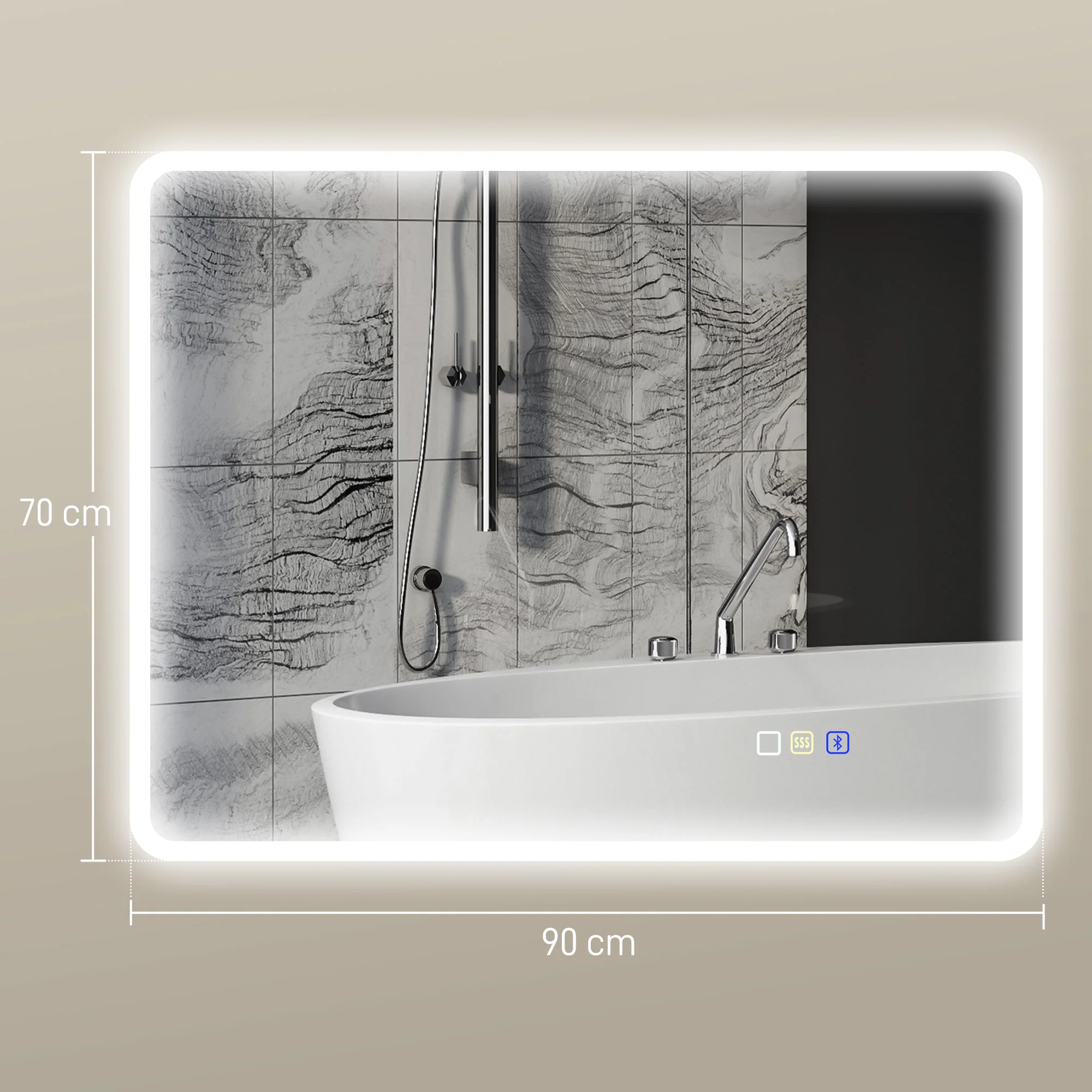 Miroir salle de bain bluetooth 70 x 90 cm, miroir lumineux salle de bain mural avec éclairage LED, interrupteur tactile, lumière réglable 3 couleurs, anti-buée, mémoire - argent - Image 4
