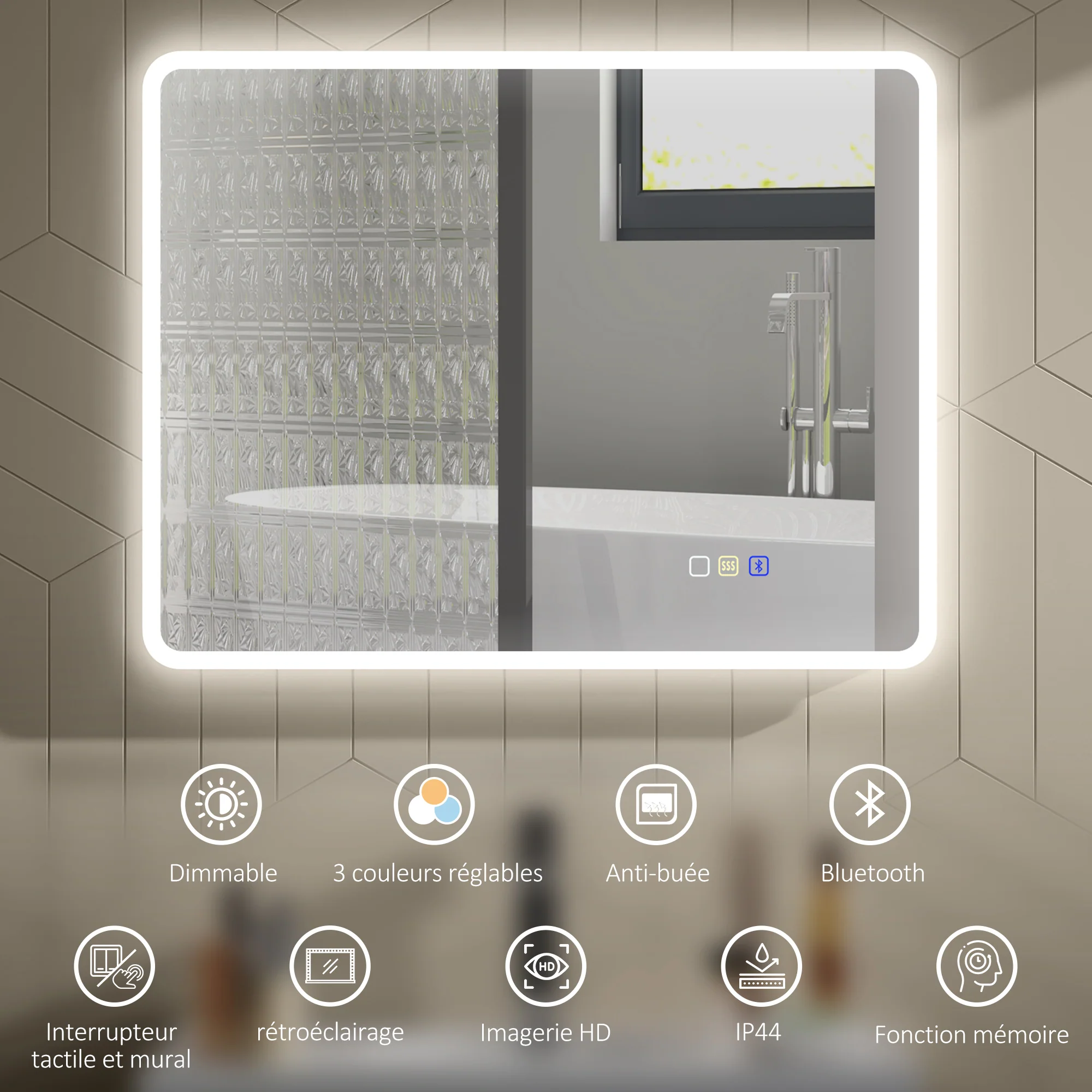 Miroir salle de bain bluetooth 70 x 90 cm, miroir lumineux salle de bain mural avec éclairage LED, interrupteur tactile, lumière réglable 3 couleurs, anti-buée, mémoire - argent - Image 5