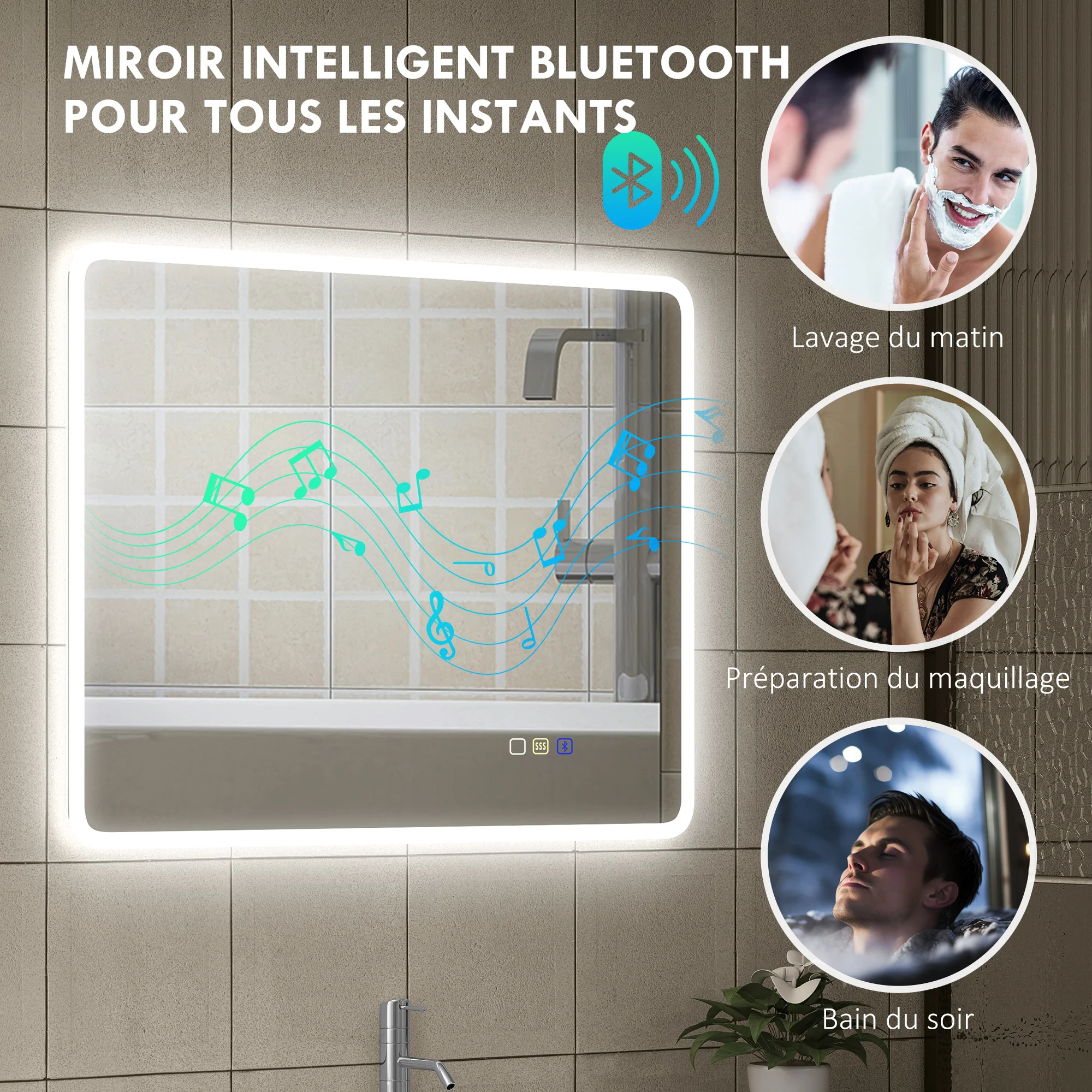 Miroir salle de bain bluetooth 70 x 90 cm, miroir lumineux salle de bain mural avec éclairage LED, interrupteur tactile, lumière réglable 3 couleurs, anti-buée, mémoire - argent - Image 6
