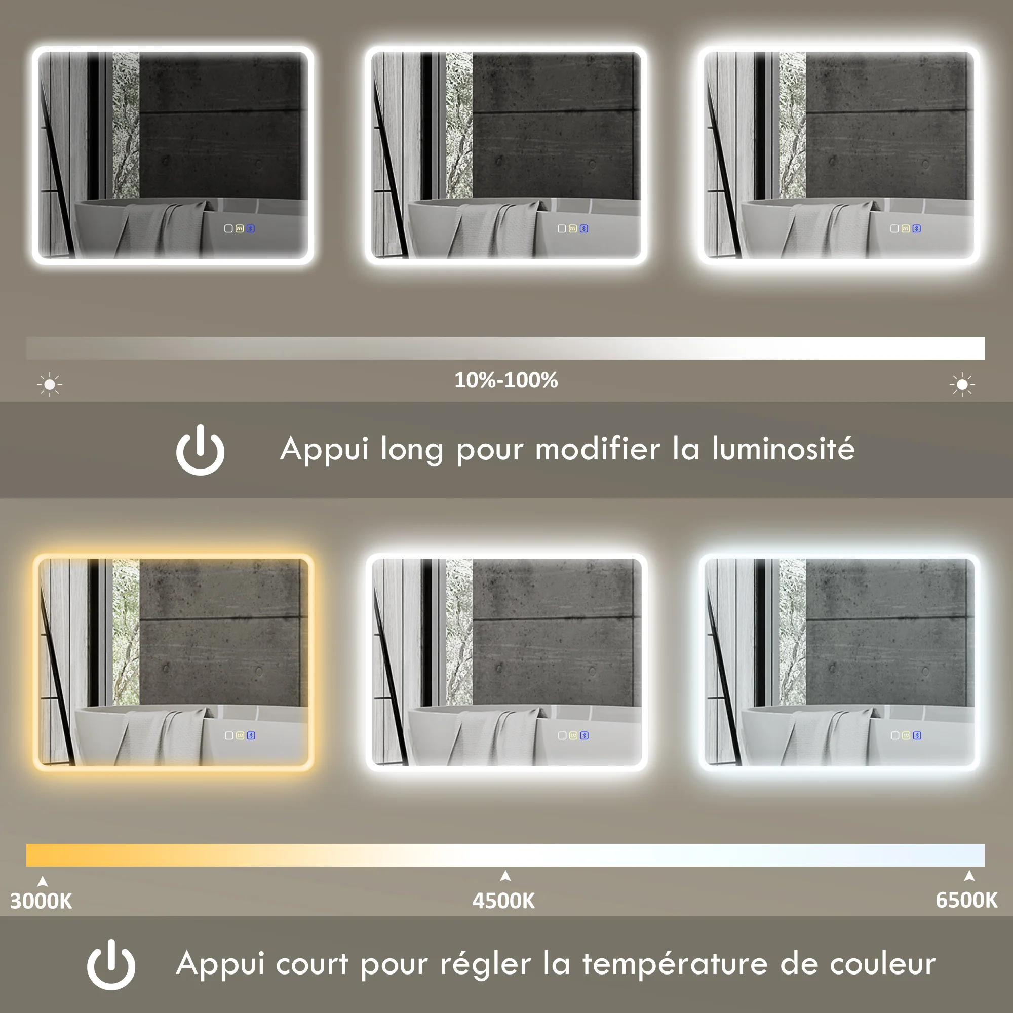 Miroir salle de bain bluetooth 70 x 90 cm, miroir lumineux salle de bain mural avec éclairage LED, interrupteur tactile, lumière réglable 3 couleurs, anti-buée, mémoire - argent - Image 7