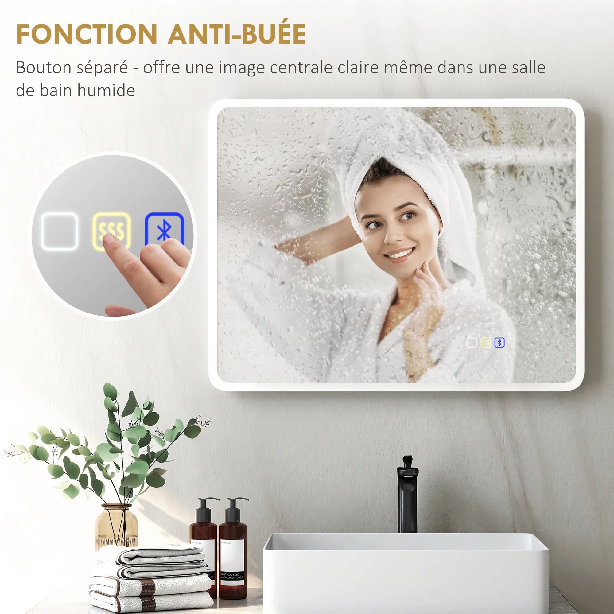 Miroir salle de bain bluetooth 70 x 90 cm, miroir lumineux salle de bain mural avec éclairage LED, interrupteur tactile, lumière réglable 3 couleurs, anti-buée, mémoire - argent - Image 8