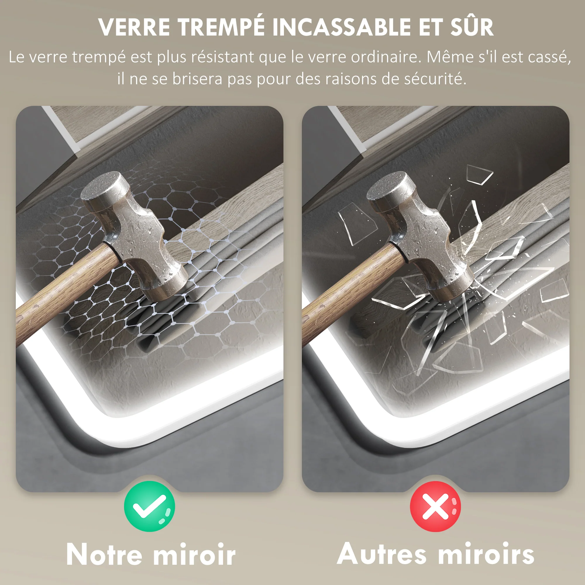 Miroir salle de bain bluetooth 70 x 90 cm, miroir lumineux salle de bain mural avec éclairage LED, interrupteur tactile, lumière réglable 3 couleurs, anti-buée, mémoire - argent - Image 9