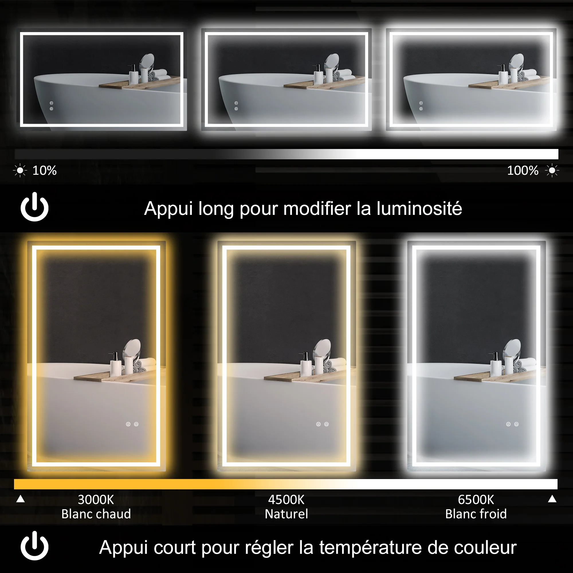 Miroir salle de bain éclairage LED 100 x 60 cm, miroir lumineux salle de bain mural avec interrupteur tactile, lumière réglable 3 couleurs, anti-buée, mémoire, IP44 - Image 5