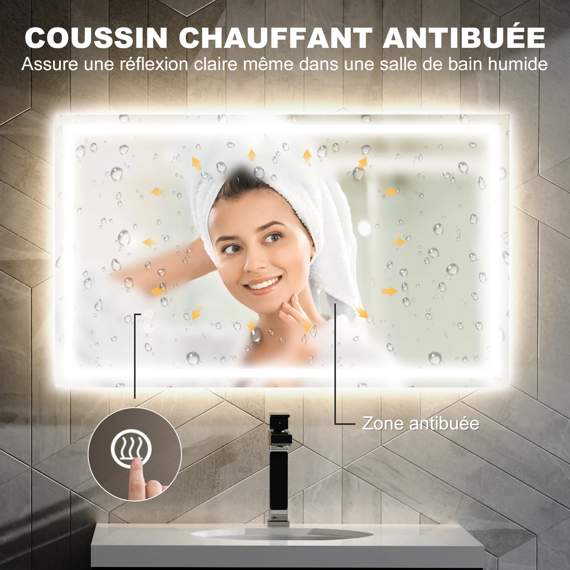 Miroir salle de bain éclairage LED 100 x 60 cm, miroir lumineux salle de bain mural avec interrupteur tactile, lumière réglable 3 couleurs, anti-buée, mémoire, IP44 - Image 6
