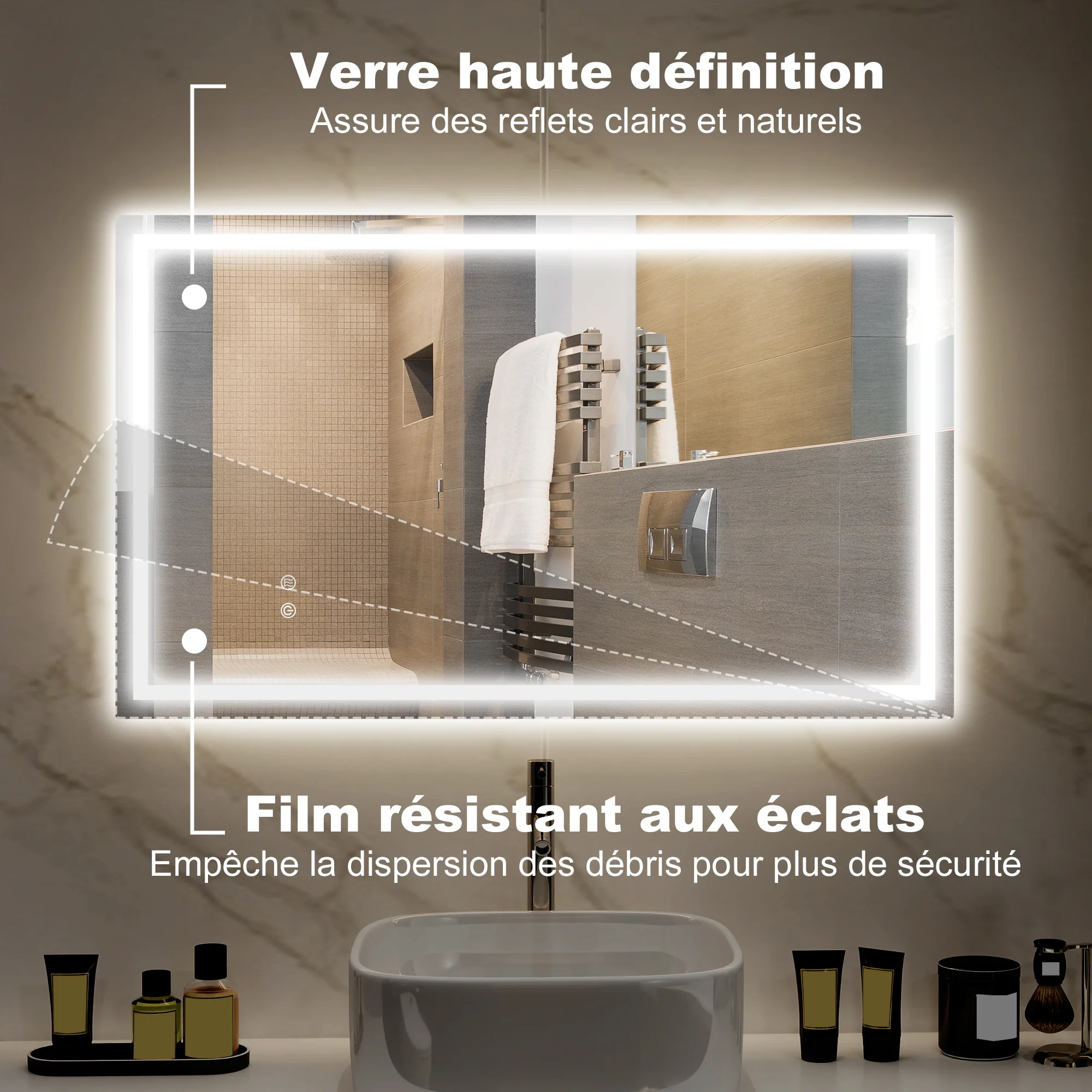 Miroir salle de bain éclairage LED 100 x 60 cm, miroir lumineux salle de bain mural avec interrupteur tactile, lumière réglable 3 couleurs, anti-buée, mémoire, IP44 - Image 7