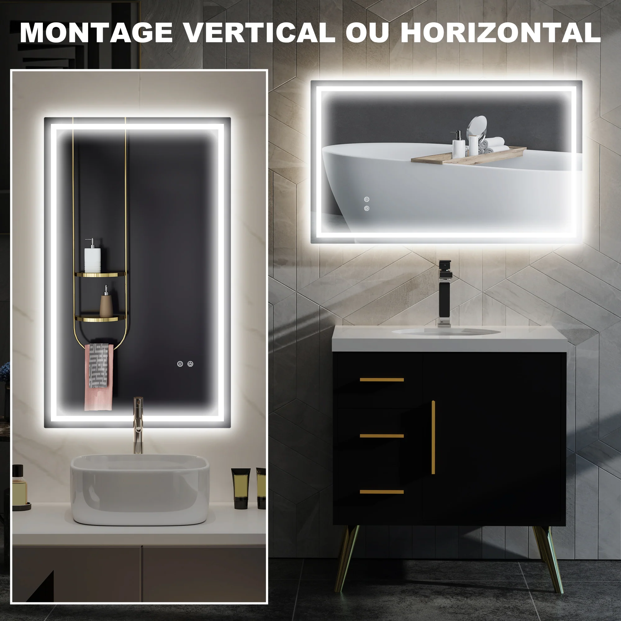 Miroir salle de bain éclairage LED 100 x 60 cm, miroir lumineux salle de bain mural avec interrupteur tactile, lumière réglable 3 couleurs, anti-buée, mémoire, IP44 - Image 8