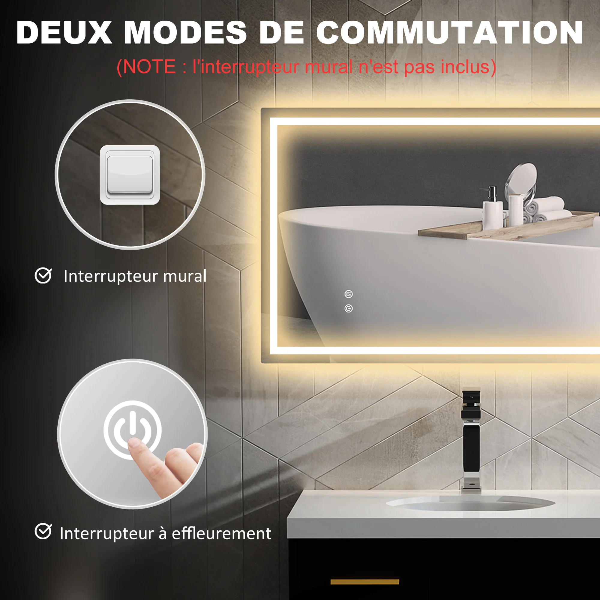 Miroir salle de bain éclairage LED 100 x 60 cm, miroir lumineux salle de bain mural avec interrupteur tactile, lumière réglable 3 couleurs, anti-buée, mémoire, IP44 - Image 9