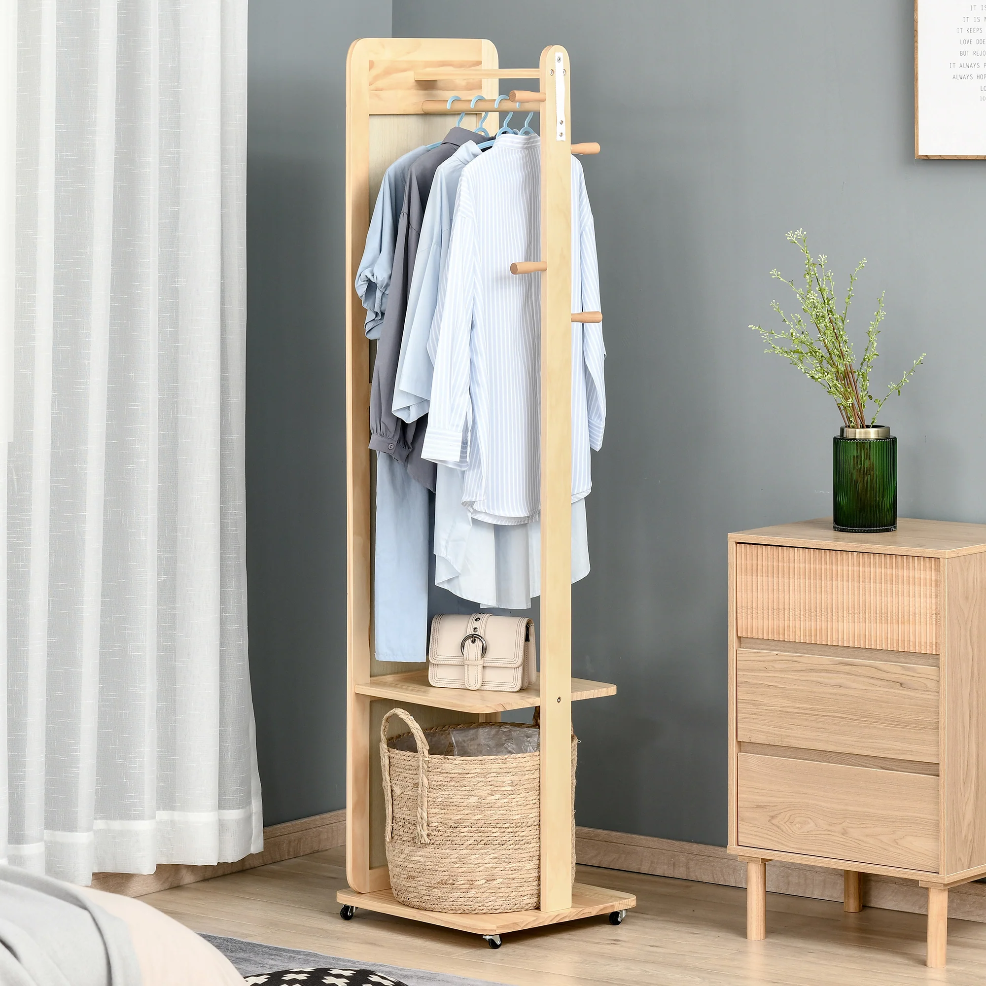 Miroir sur Pied avec roulettes - Portant, 4 patères étagère MDF Aspect Bois Clair - Image 6