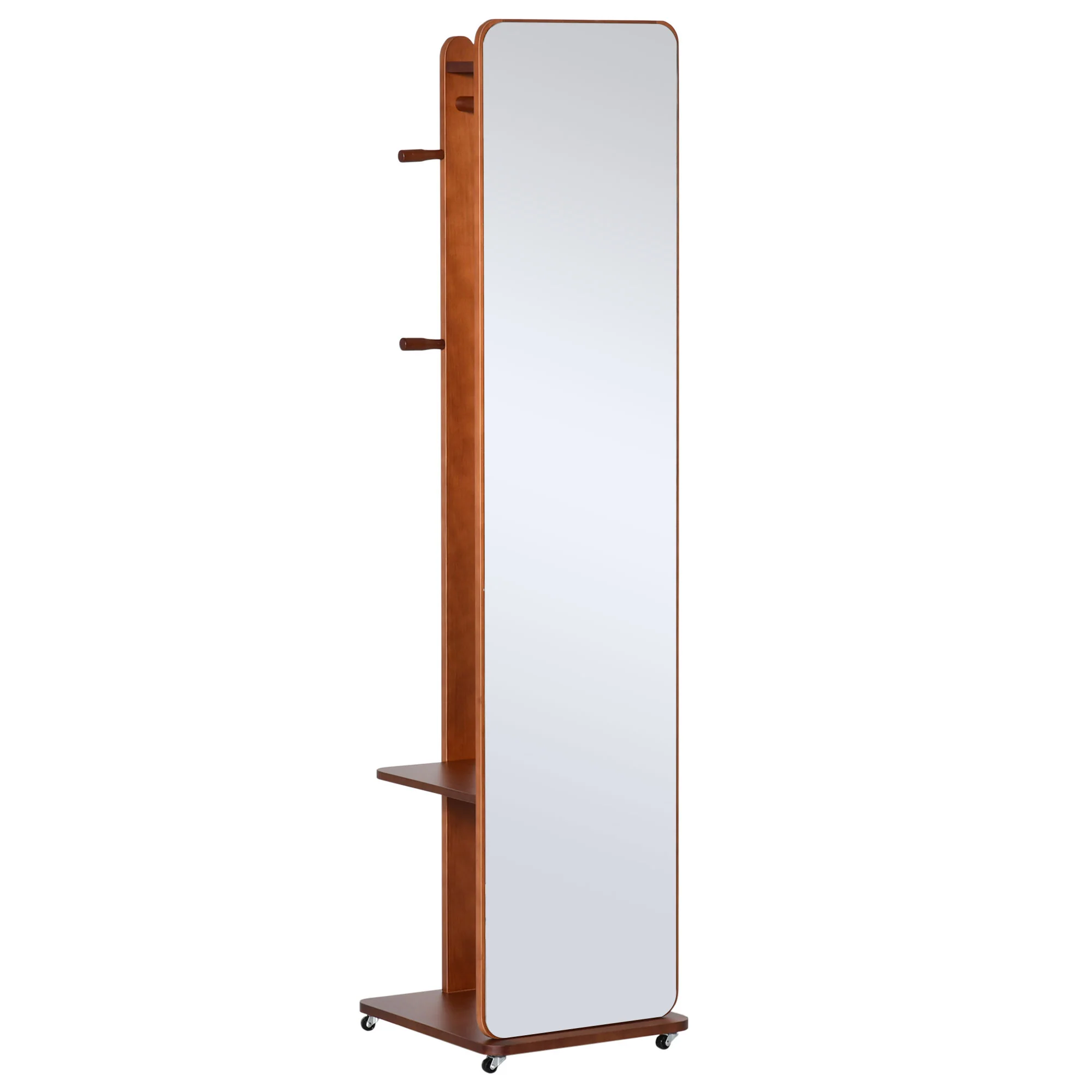 Miroir sur Pied avec roulettes - Portant, 4 patères étagère MDF Aspect Noyer - Image 10