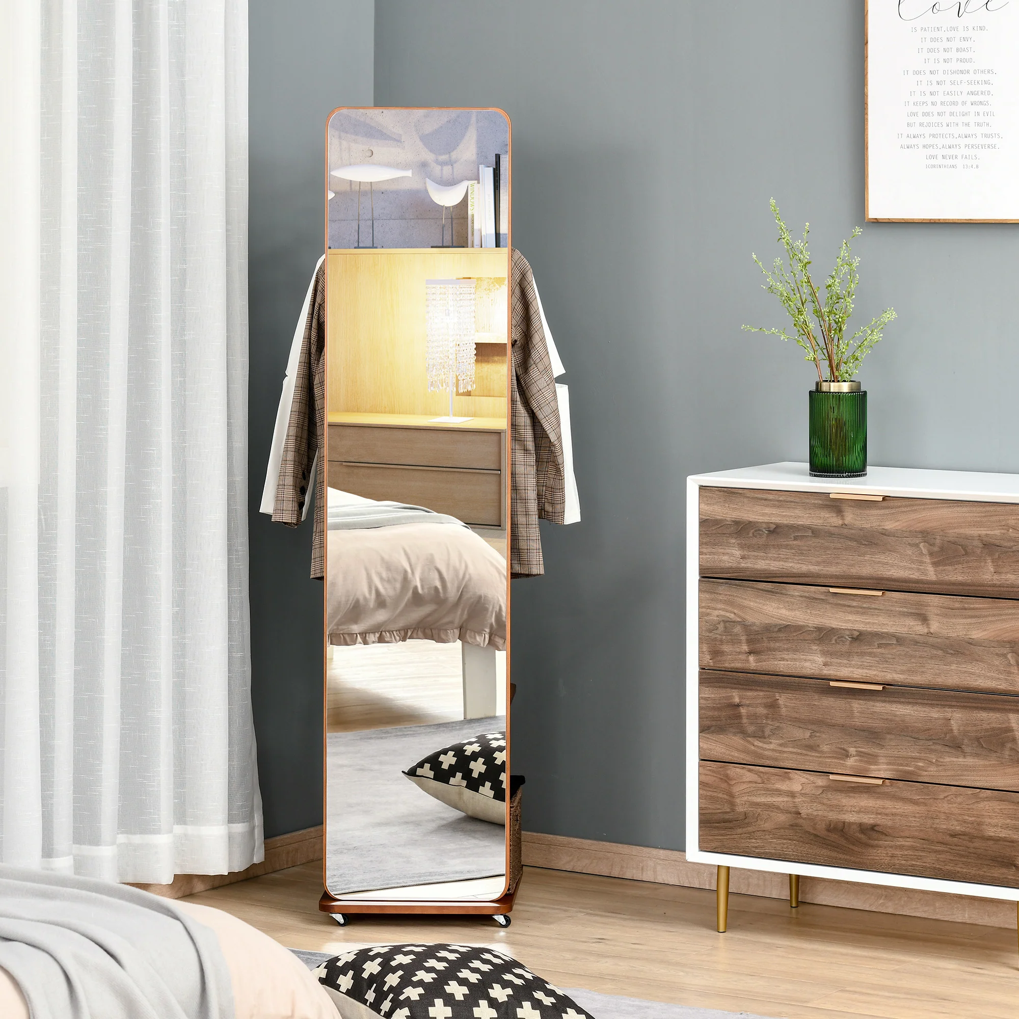 Miroir sur Pied avec roulettes - Portant, 4 patères étagère MDF Aspect Noyer - Image 3