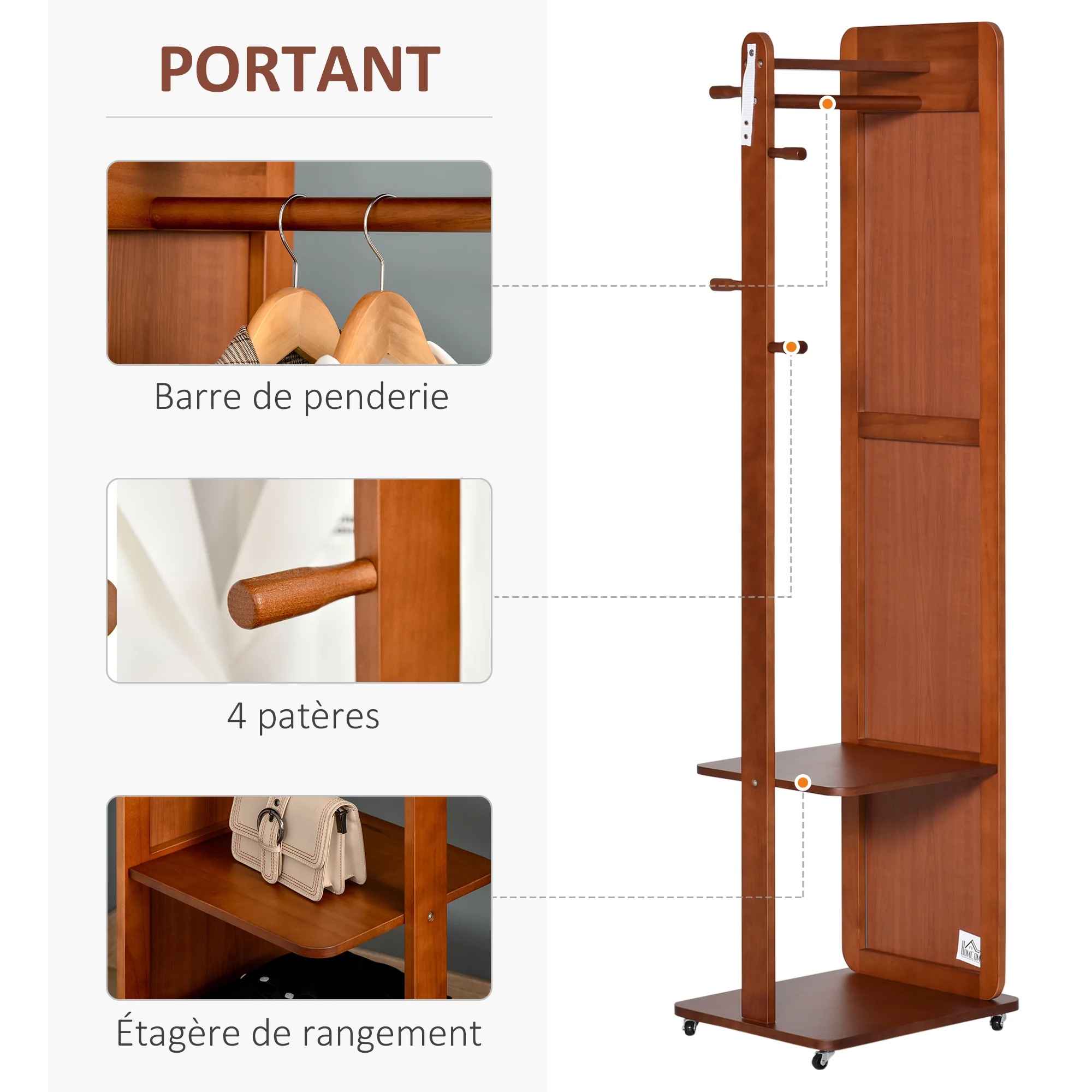 Miroir sur Pied avec roulettes - Portant, 4 patères étagère MDF Aspect Noyer - Image 6