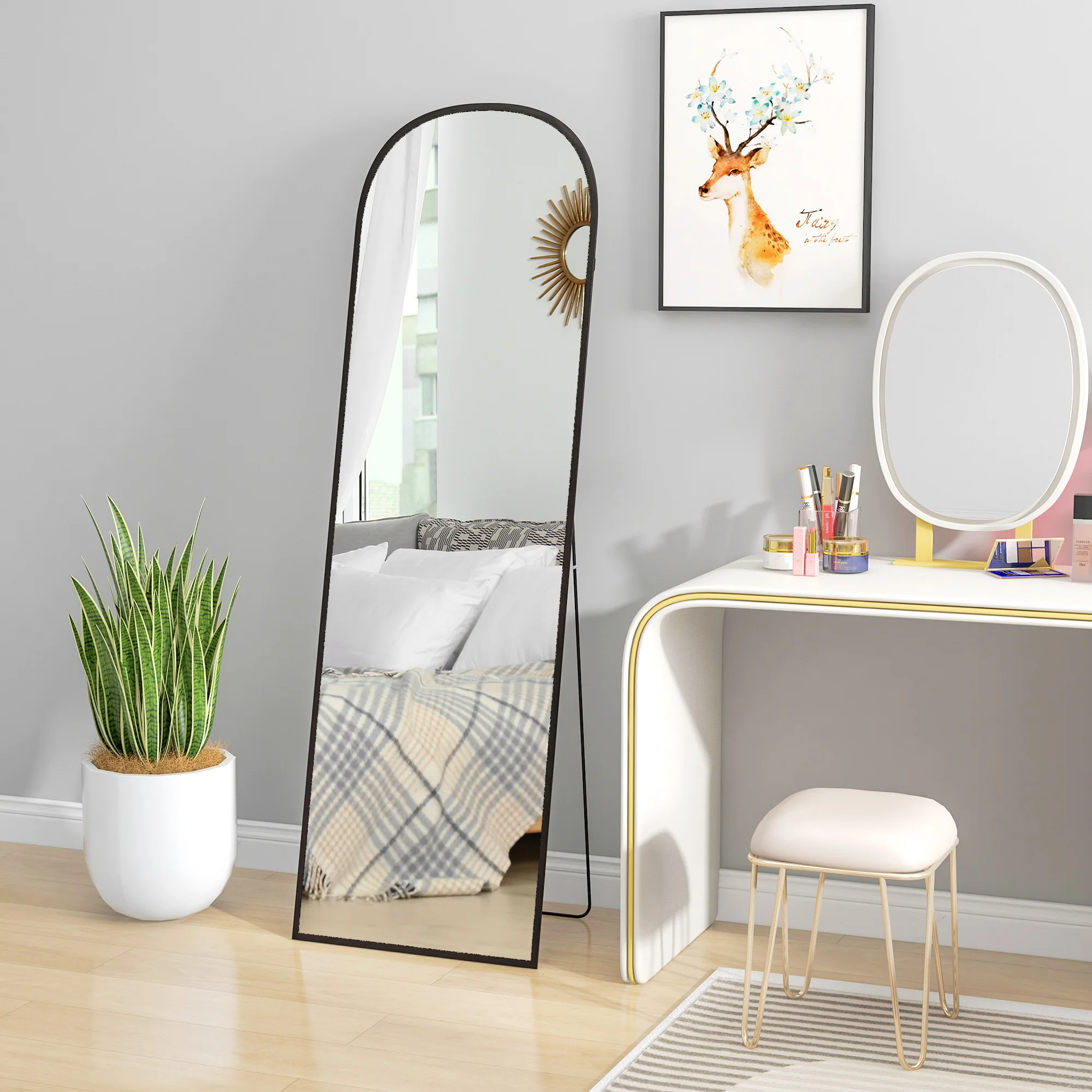 Miroir sur pied, miroir mural rectangulaire, arrondi, cadre en aluminium, support pour entrée, chambre, dressing, 50 x 161,5 cm, noir - Image 10