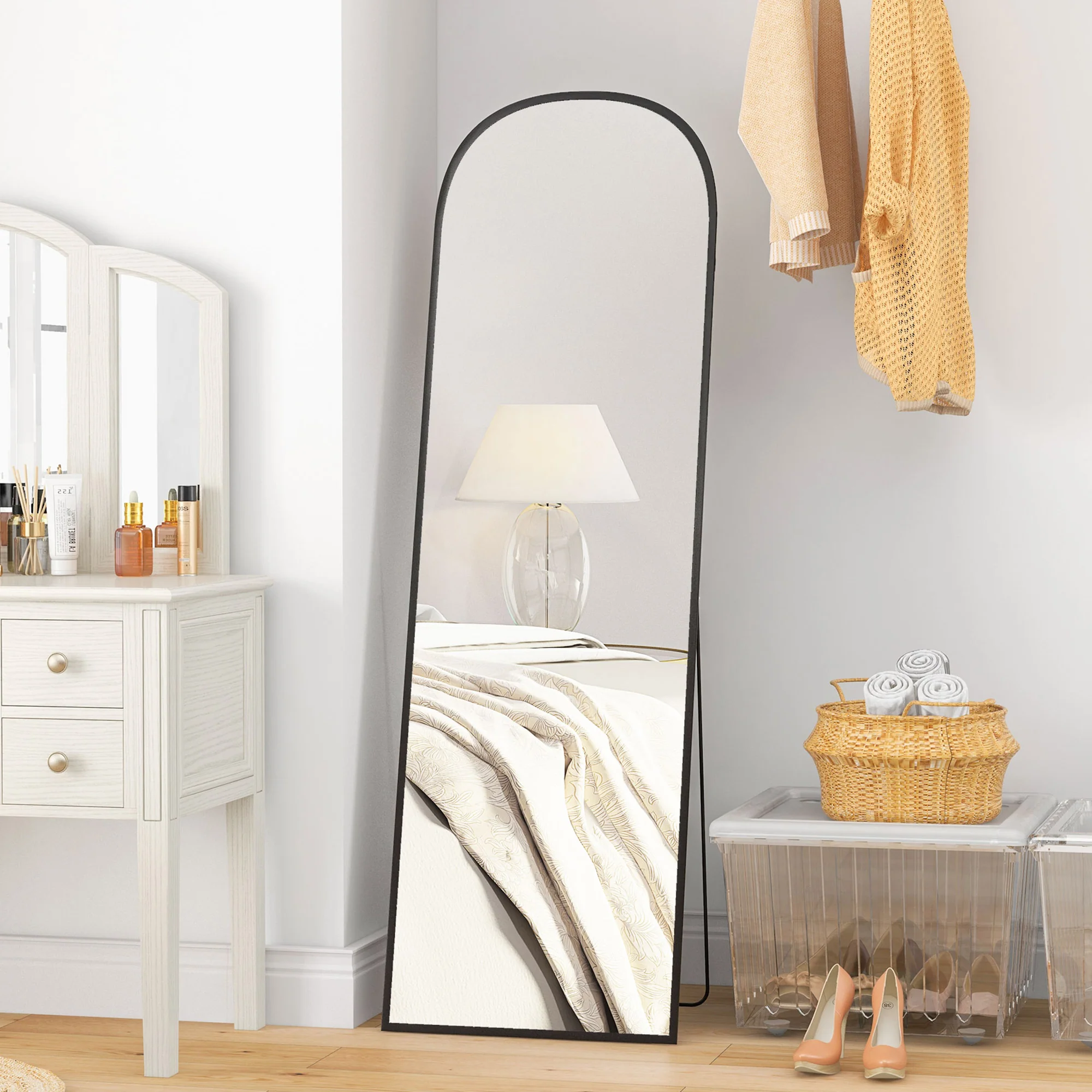 Miroir sur pied, miroir mural rectangulaire, arrondi, cadre en aluminium, support pour entrée, chambre, dressing, 50 x 161,5 cm, noir - Image 3