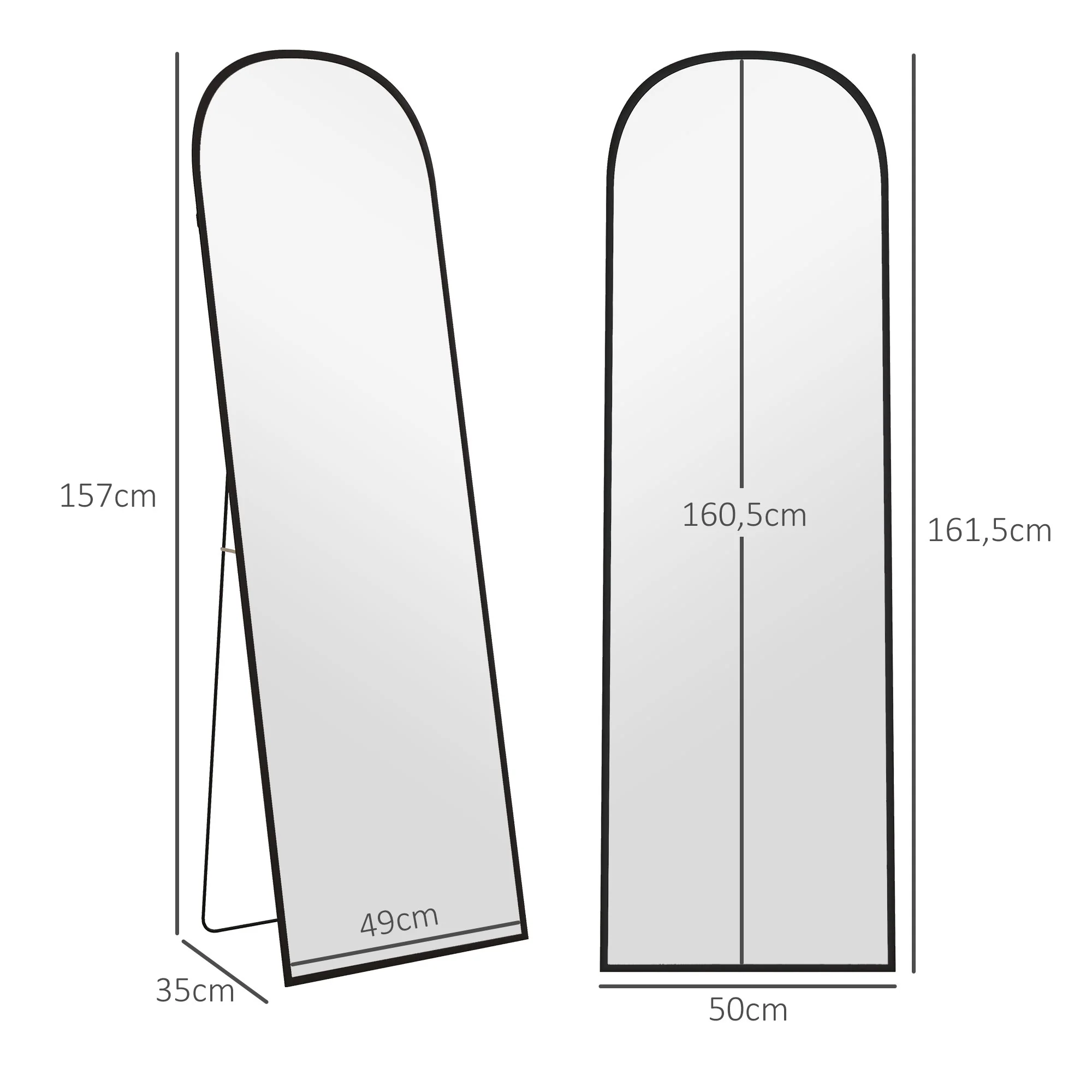 Miroir sur pied, miroir mural rectangulaire, arrondi, cadre en aluminium, support pour entrée, chambre, dressing, 50 x 161,5 cm, noir - Image 4