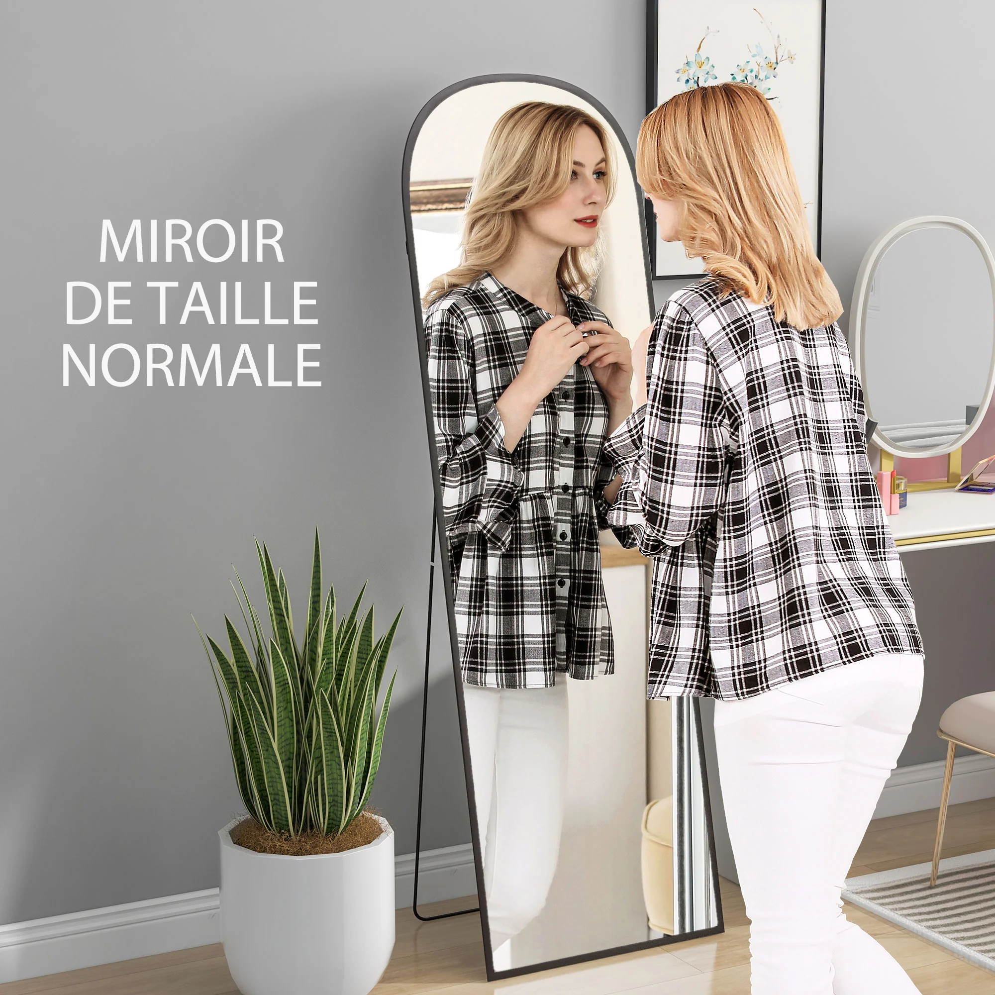 Miroir sur pied, miroir mural rectangulaire, arrondi, cadre en aluminium, support pour entrée, chambre, dressing, 50 x 161,5 cm, noir - Image 5
