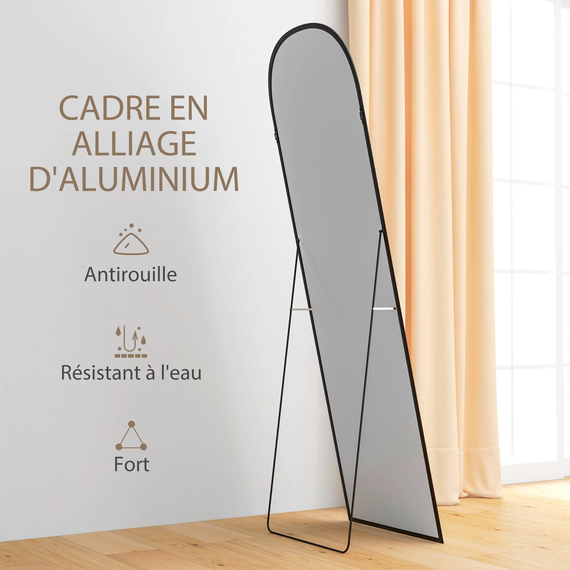 Miroir sur pied, miroir mural rectangulaire, arrondi, cadre en aluminium, support pour entrée, chambre, dressing, 50 x 161,5 cm, noir - Image 7