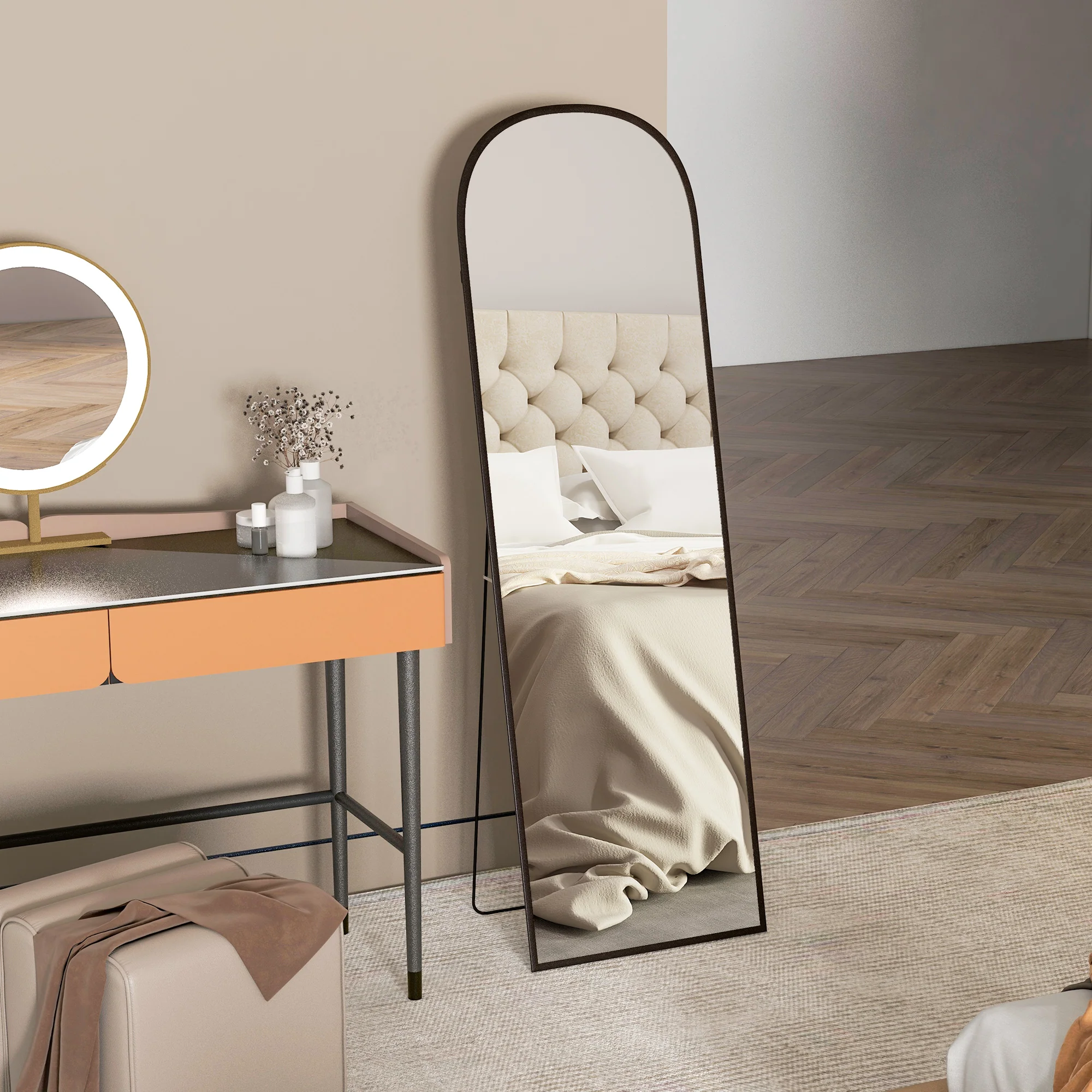 Miroir sur pied, miroir mural rectangulaire, arrondi, cadre en aluminium, support pour entrée, chambre, dressing, 50 x 161,5 cm, noir - Image 9