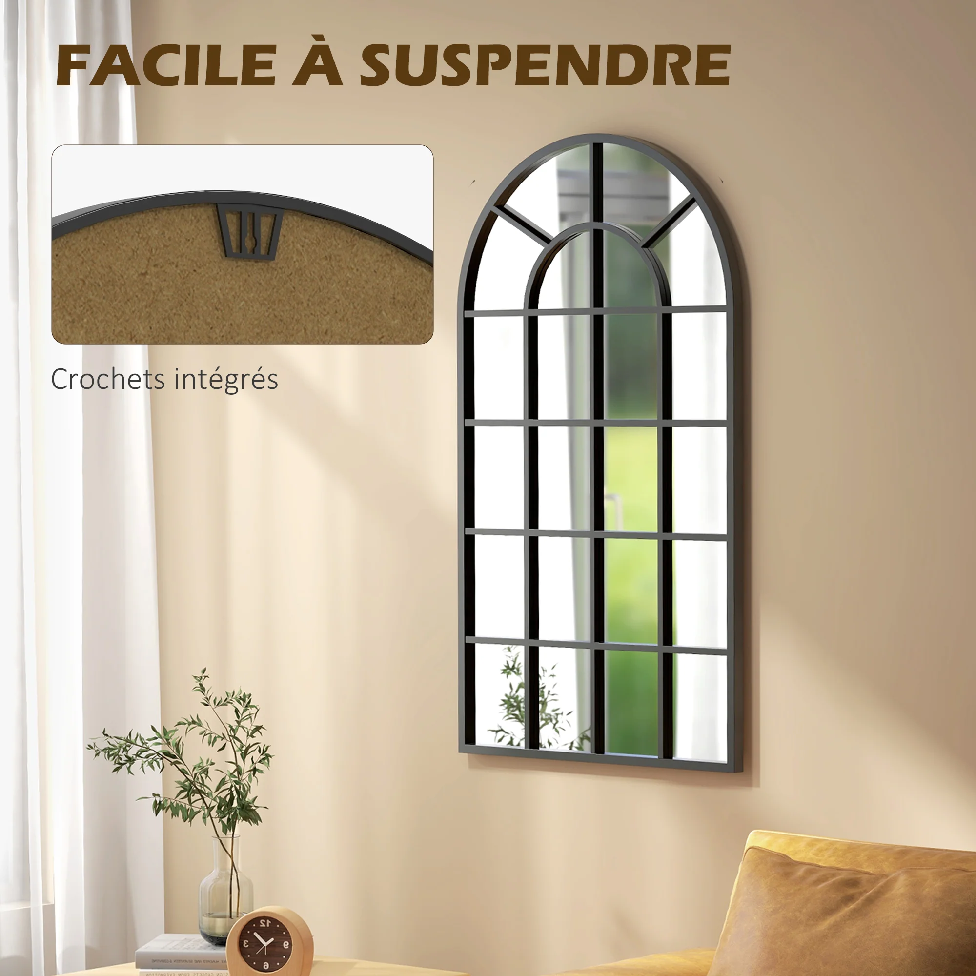 Miroir verrière arche style industriel fenêtre arcade métal noir - 110 x 65 cm - Image 7