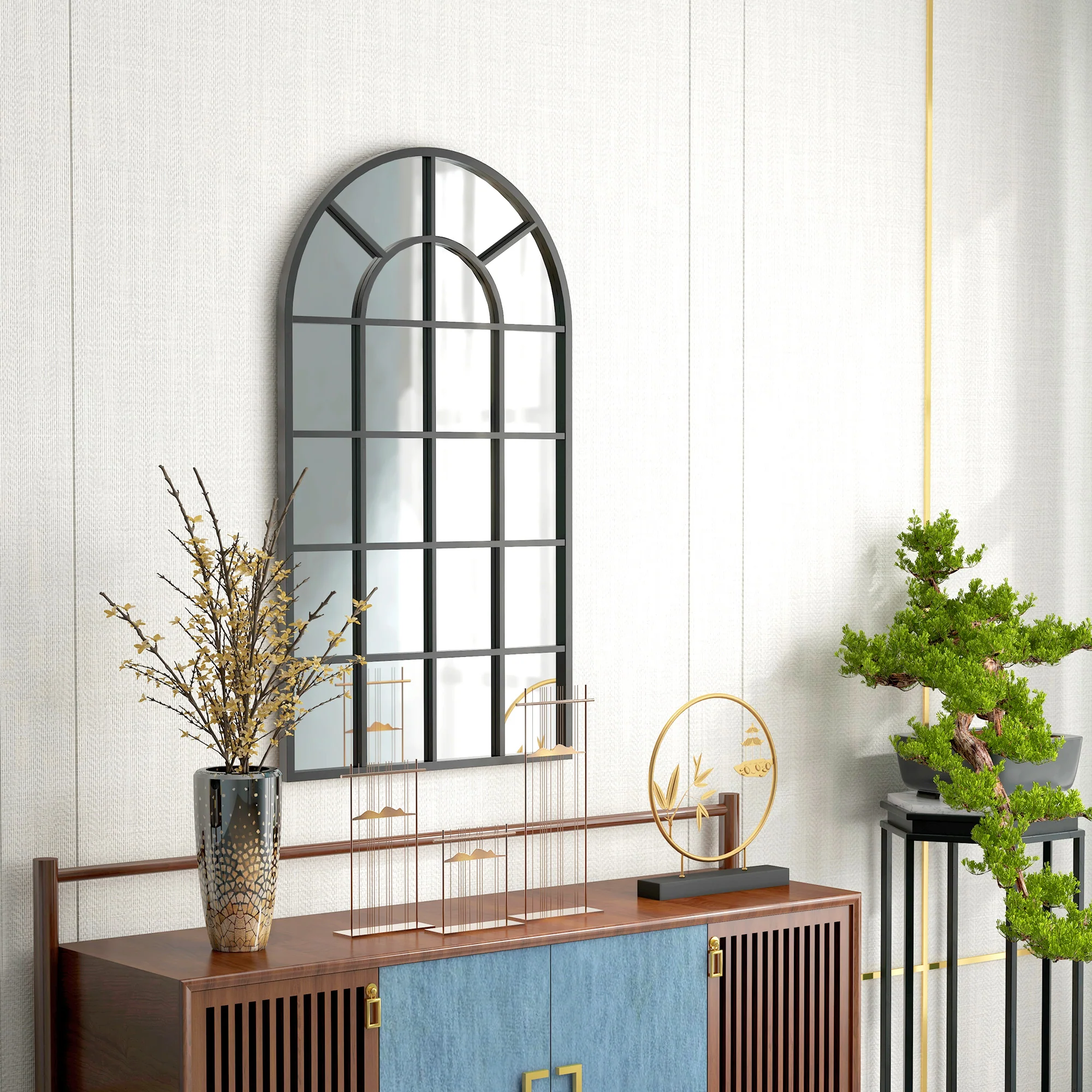 Miroir verrière arche style industriel fenêtre arcade métal noir - 110 x 65 cm - Image 9