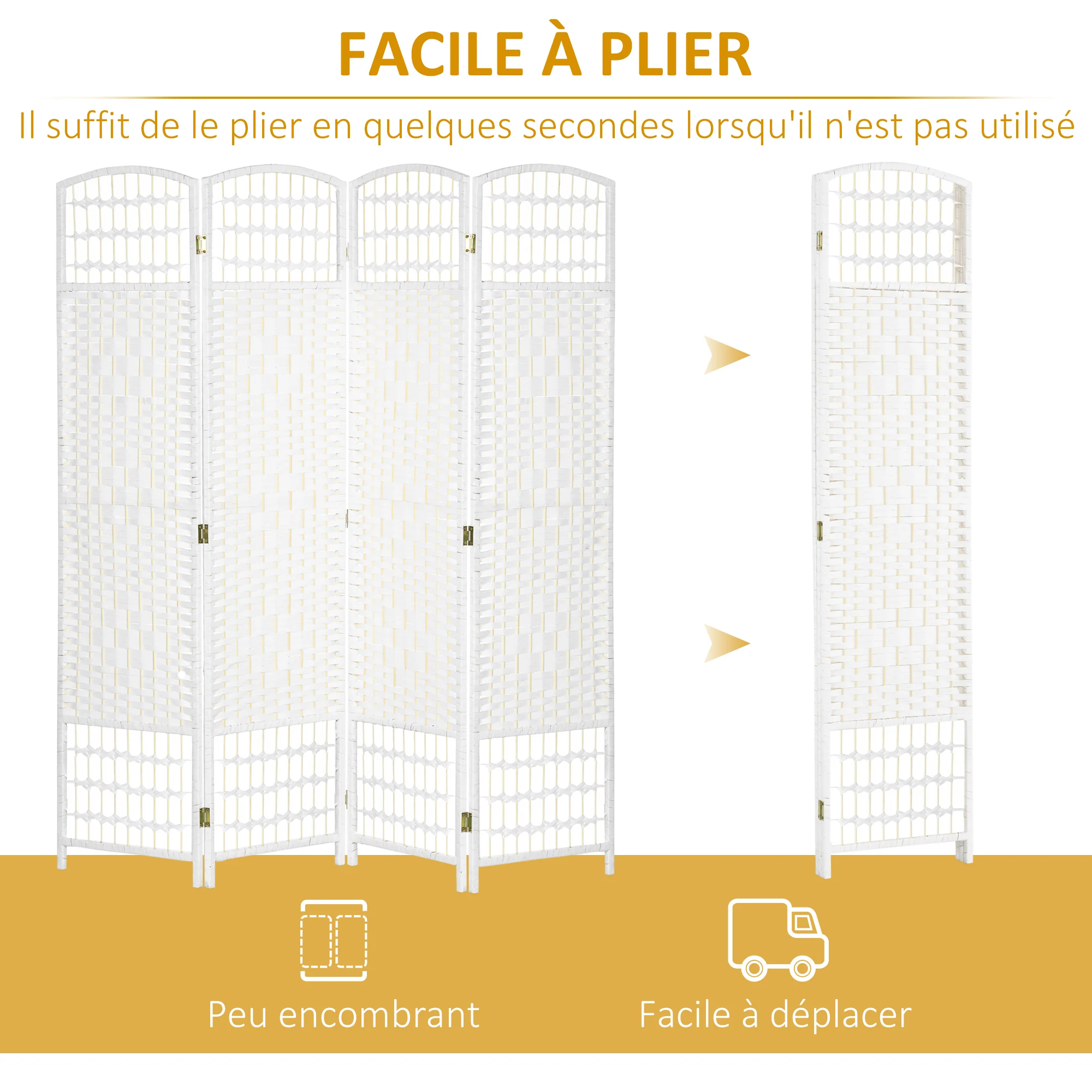 Paravent en bois 160 x 170 cm séparateur de pièce pliable 4 panneaux cloison de séparation chambre à coucher maison intérieur blanc - Image 5
