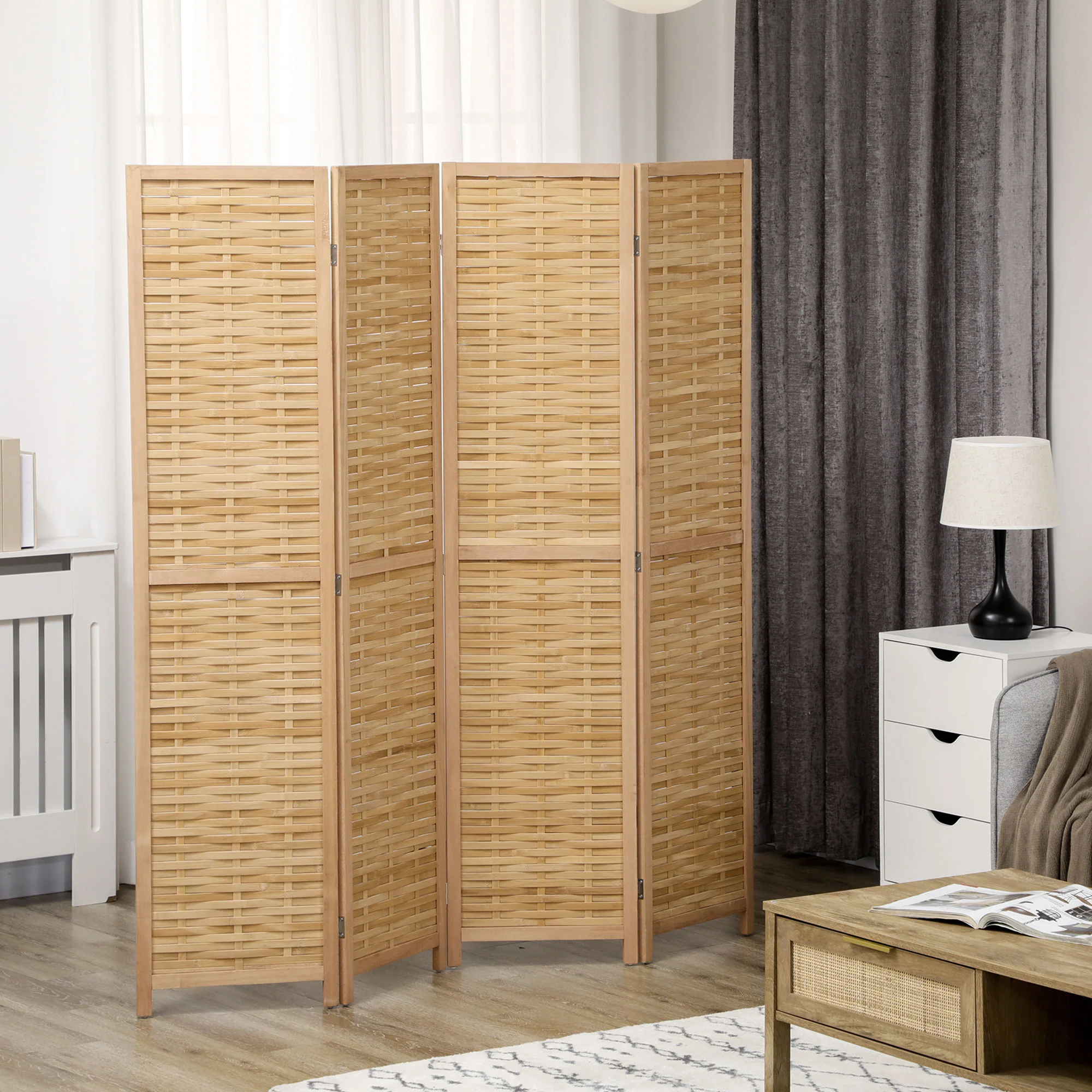 Paravent en bois 4 panneaux 160 x 170 cm séparateur de pièce closion de séparation pliable en bambou - naturel clair - Image 3