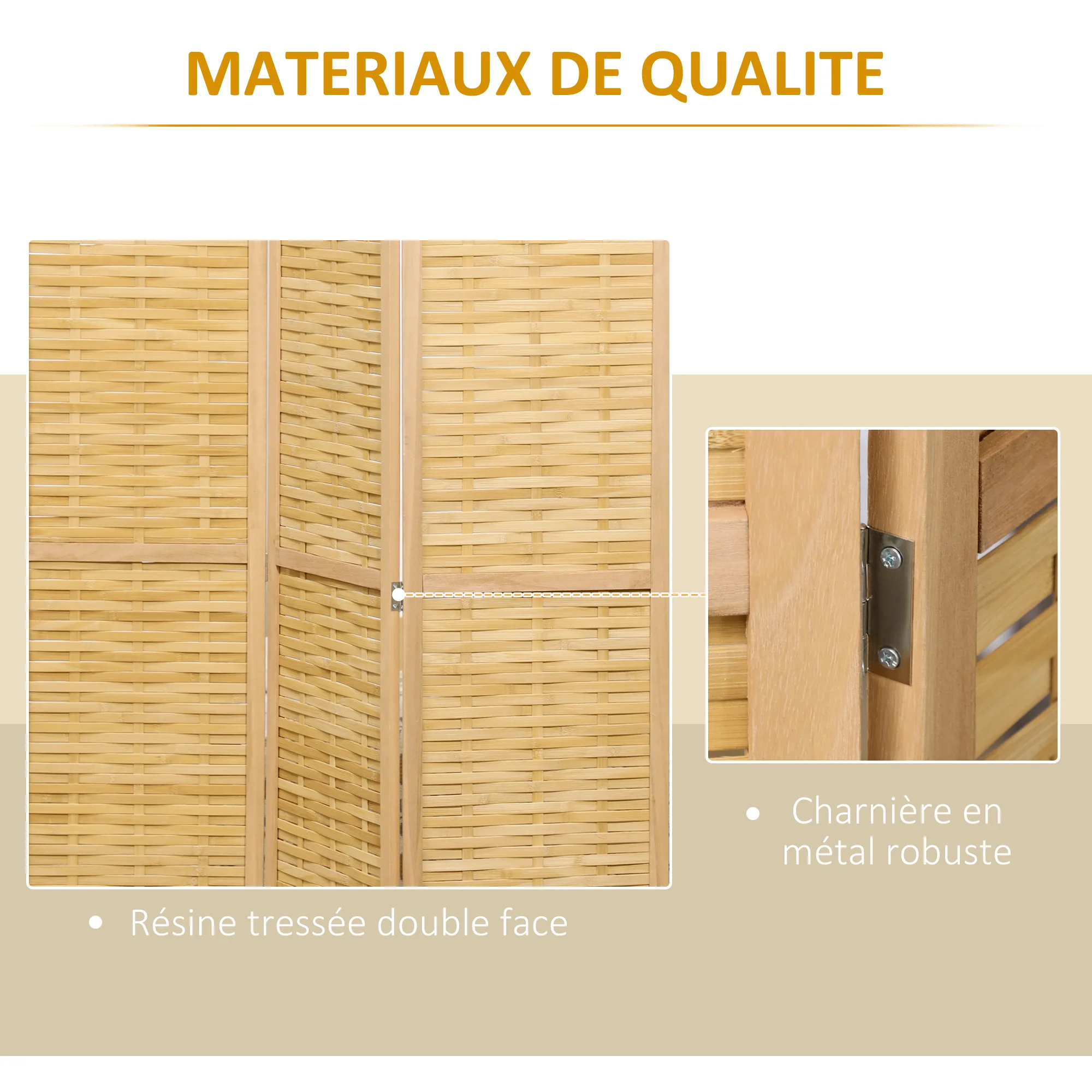 Paravent en bois 4 panneaux 160 x 170 cm séparateur de pièce closion de séparation pliable en bambou - naturel clair - Image 6