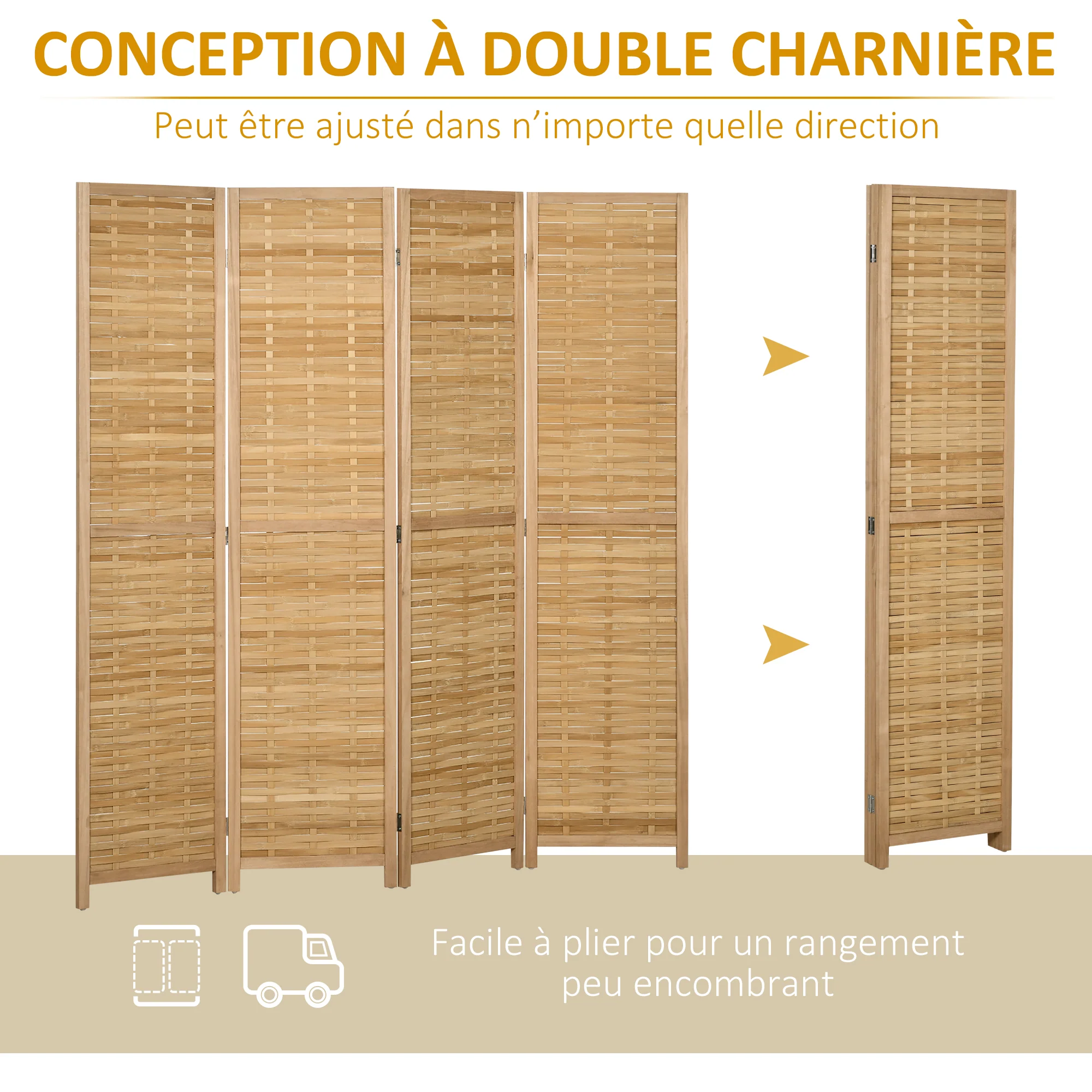 Paravent en bois 4 panneaux 160 x 170 cm séparateur de pièce closion de séparation pliable en bambou - naturel clair - Image 7