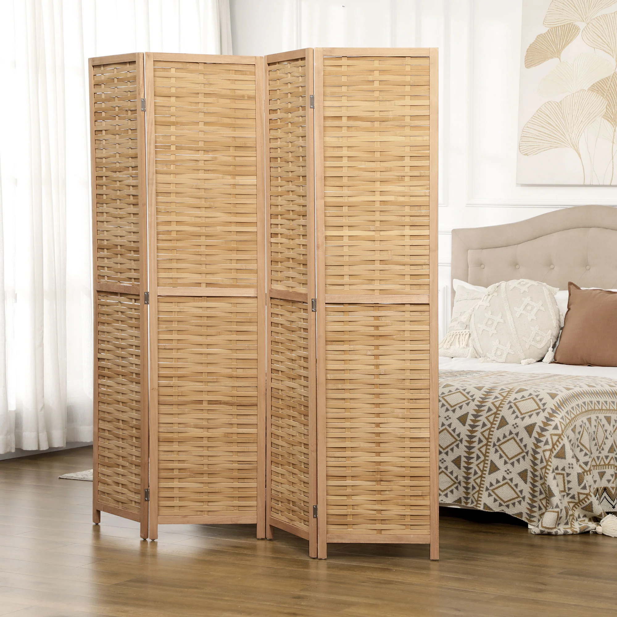 Paravent en bois 4 panneaux 160 x 170 cm séparateur de pièce closion de séparation pliable en bambou - naturel clair - Image 8