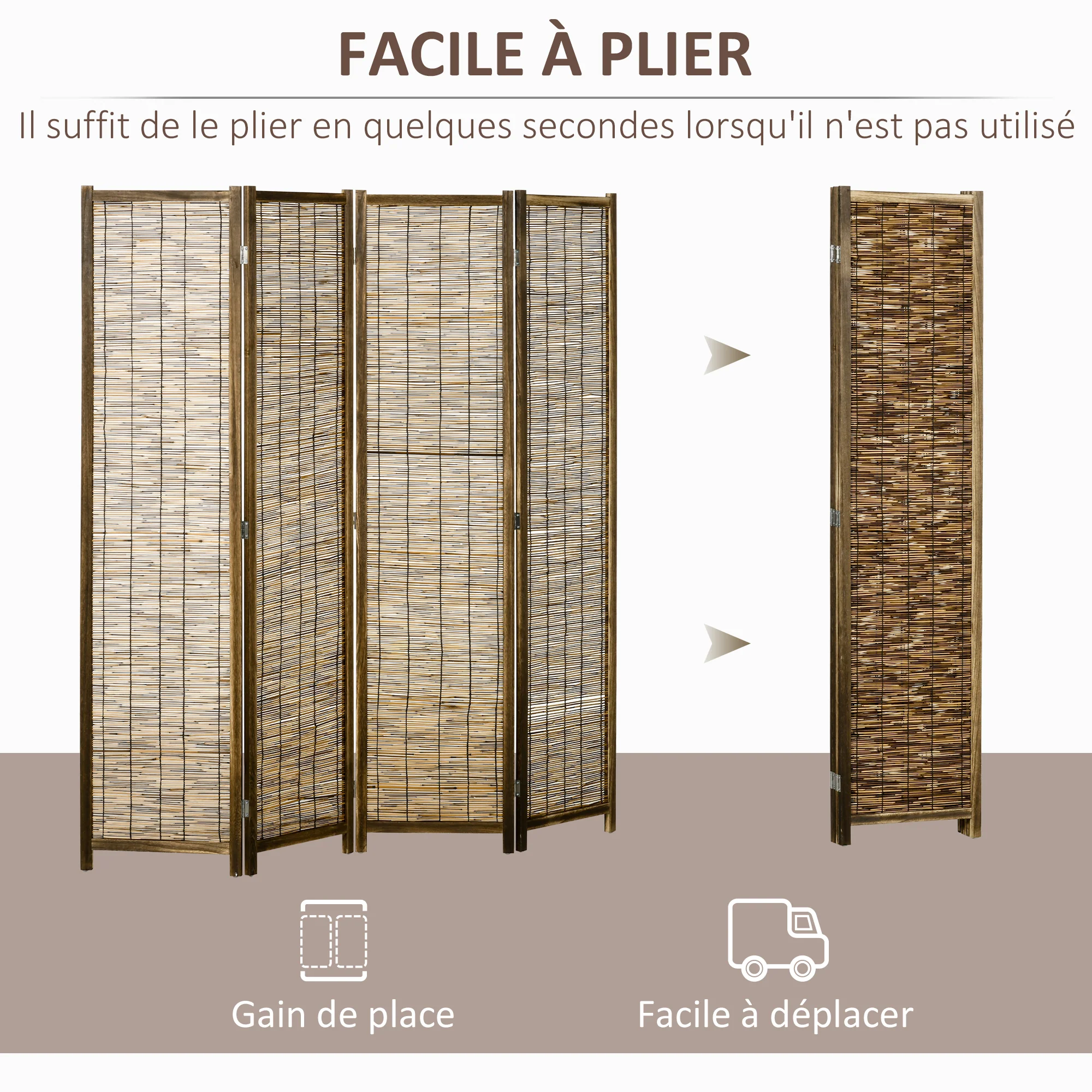 Paravent en bois 4 panneaux 160 x 170 cm séparateur de pièce closion de séparation pliable - naturel - Image 7