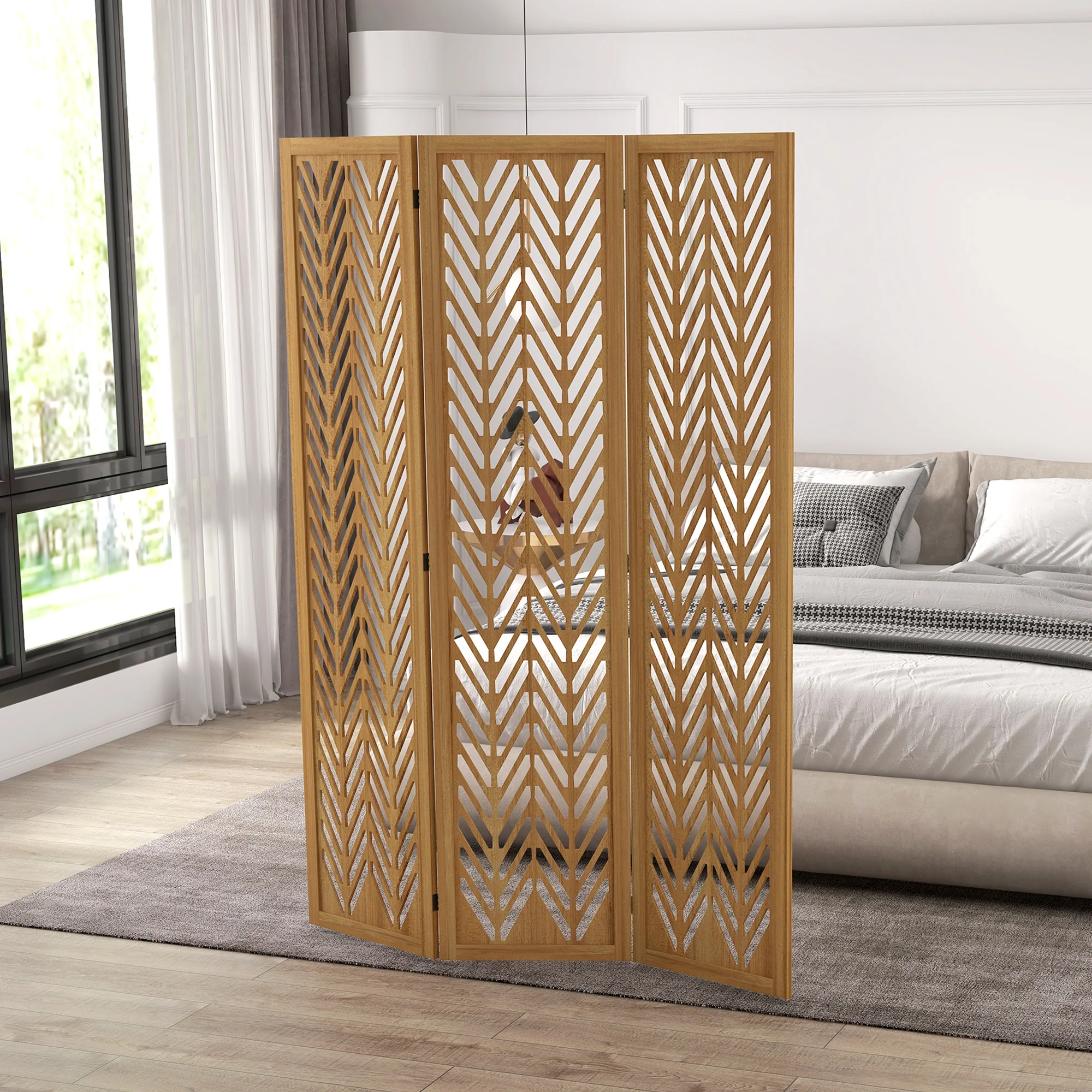 Paravent en bois ajouré séparateur de pièce closion intérieur pliable 3 panneaux en bois 120 x 170 cm naturel - Image 3